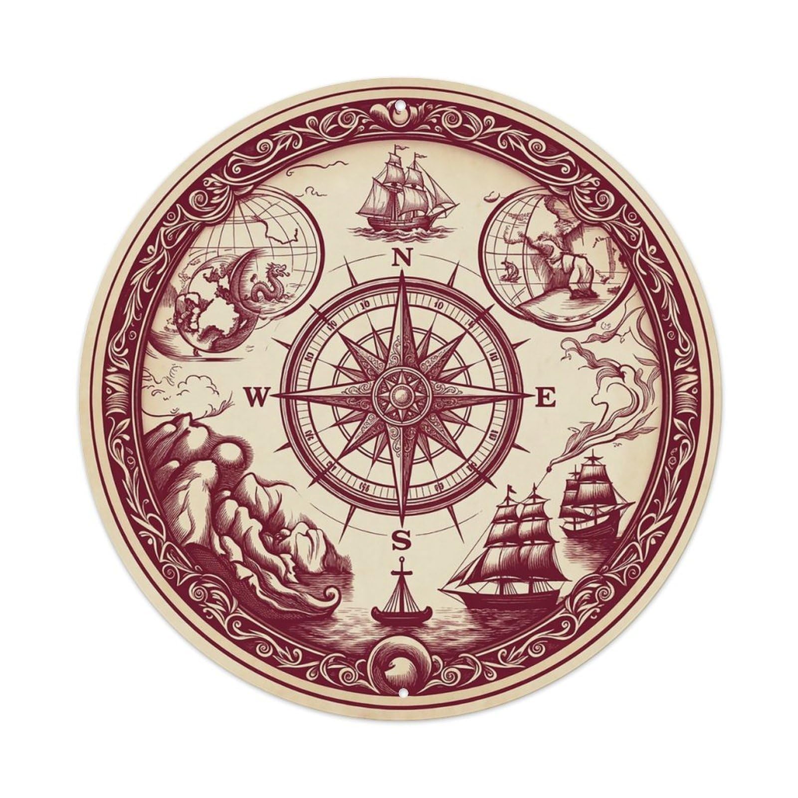 Vintage Nautical Compass World Map Expedition Legacy Metal Tin Sign