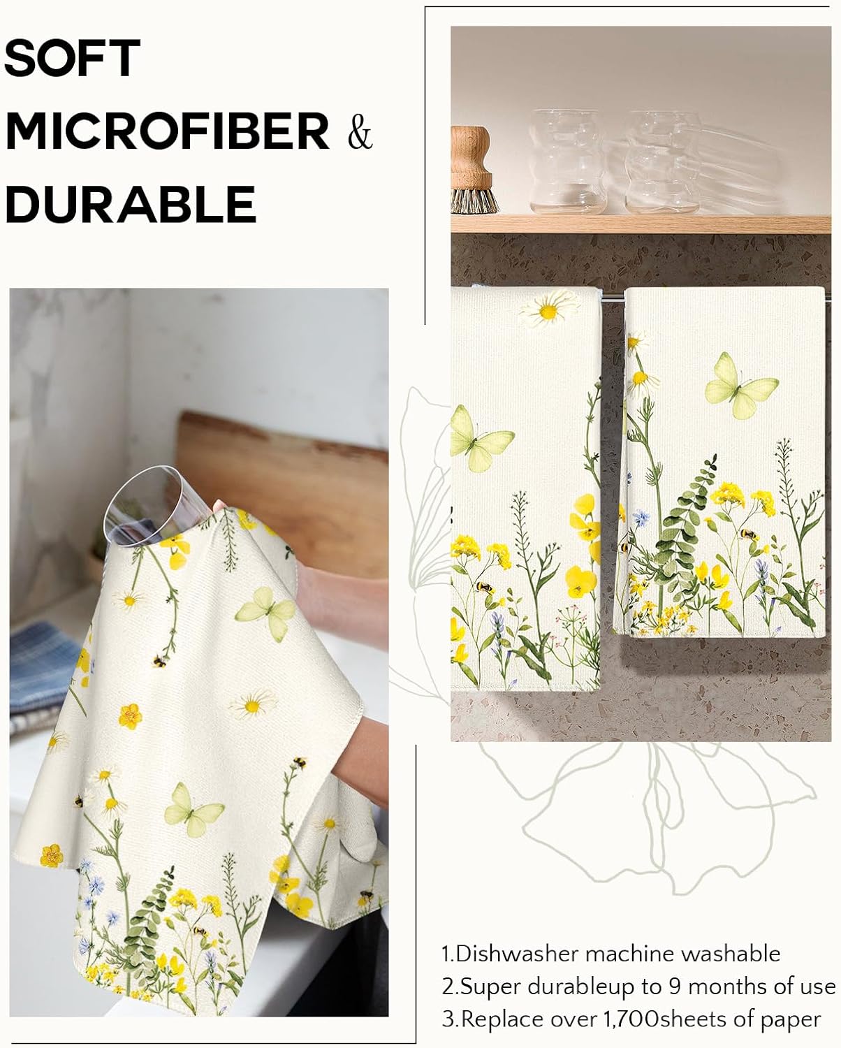 Cute Kitchen Towels Set of 2 - Dish Towels 18 x 26 Inch Microfiber Tea Towel for Home Decorative Butterfly Flower Spring Farmhouse Soft Reusable & Absorbent Aesthetic Vintage Design - Image 4