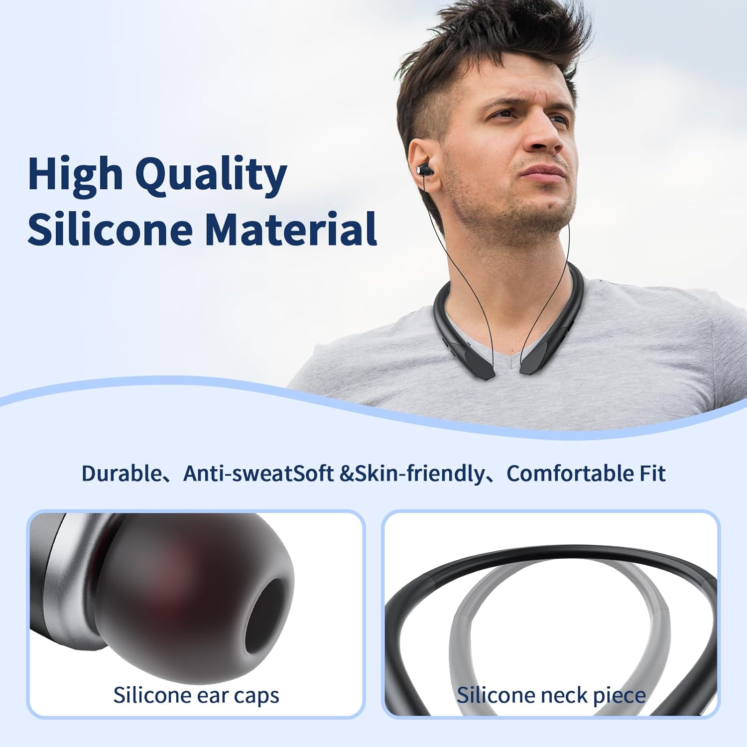 Neckband Bluetooth Headphones, Retractable Headset Wireless Bluetooth Earbuds with Microphone, IPX5 Sweatproof, Stereo Noise Cancelling Earphones, Vibration Alerts for Running Workout Sports (black) - Image 2