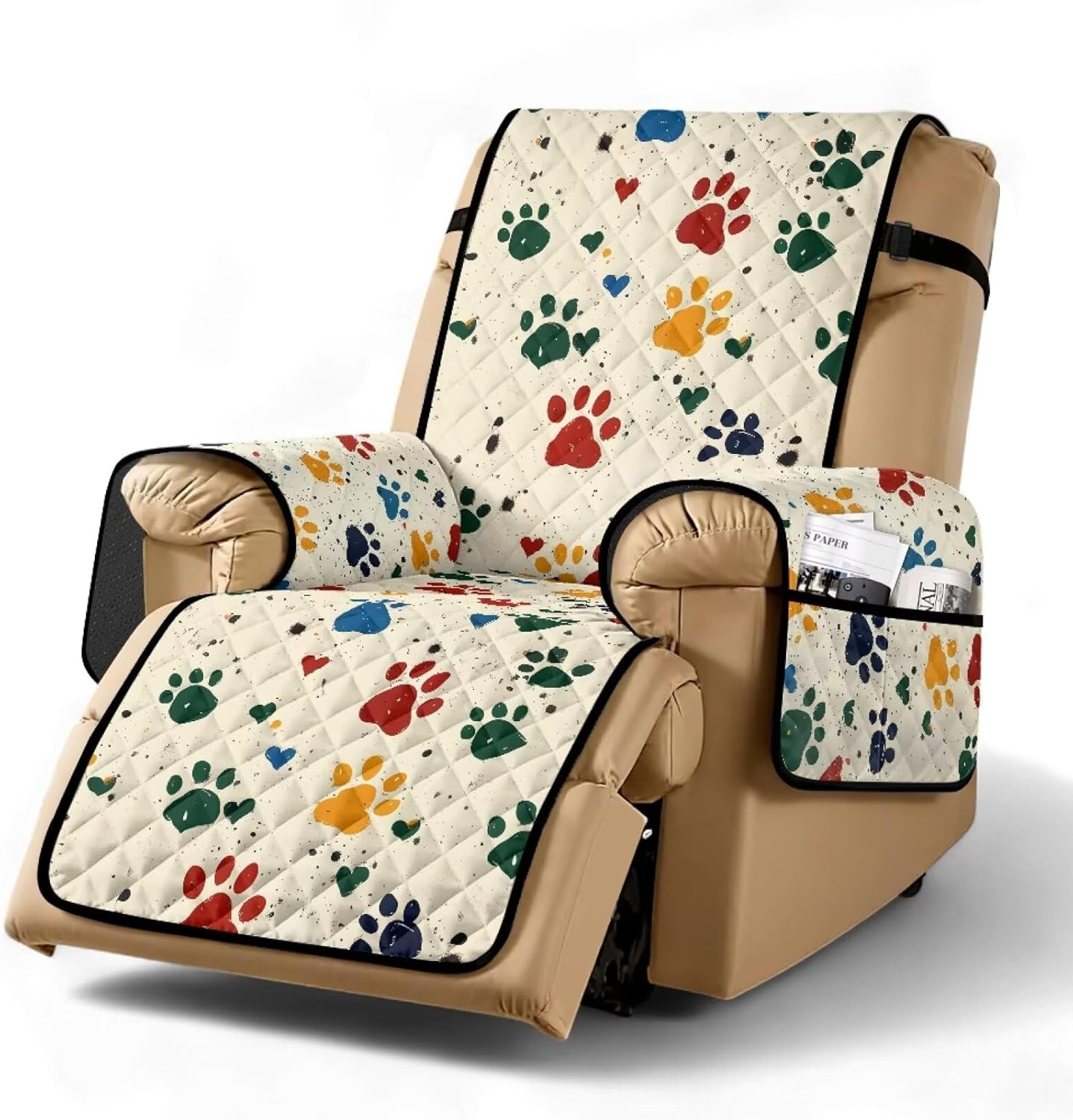 ZDCUSTOM Dog Paws Print Water-Resistant Recliner Cover with Non Slip Backing, Recliner Chair Covers with Elastic Band and Pocket for Reclining Chairs