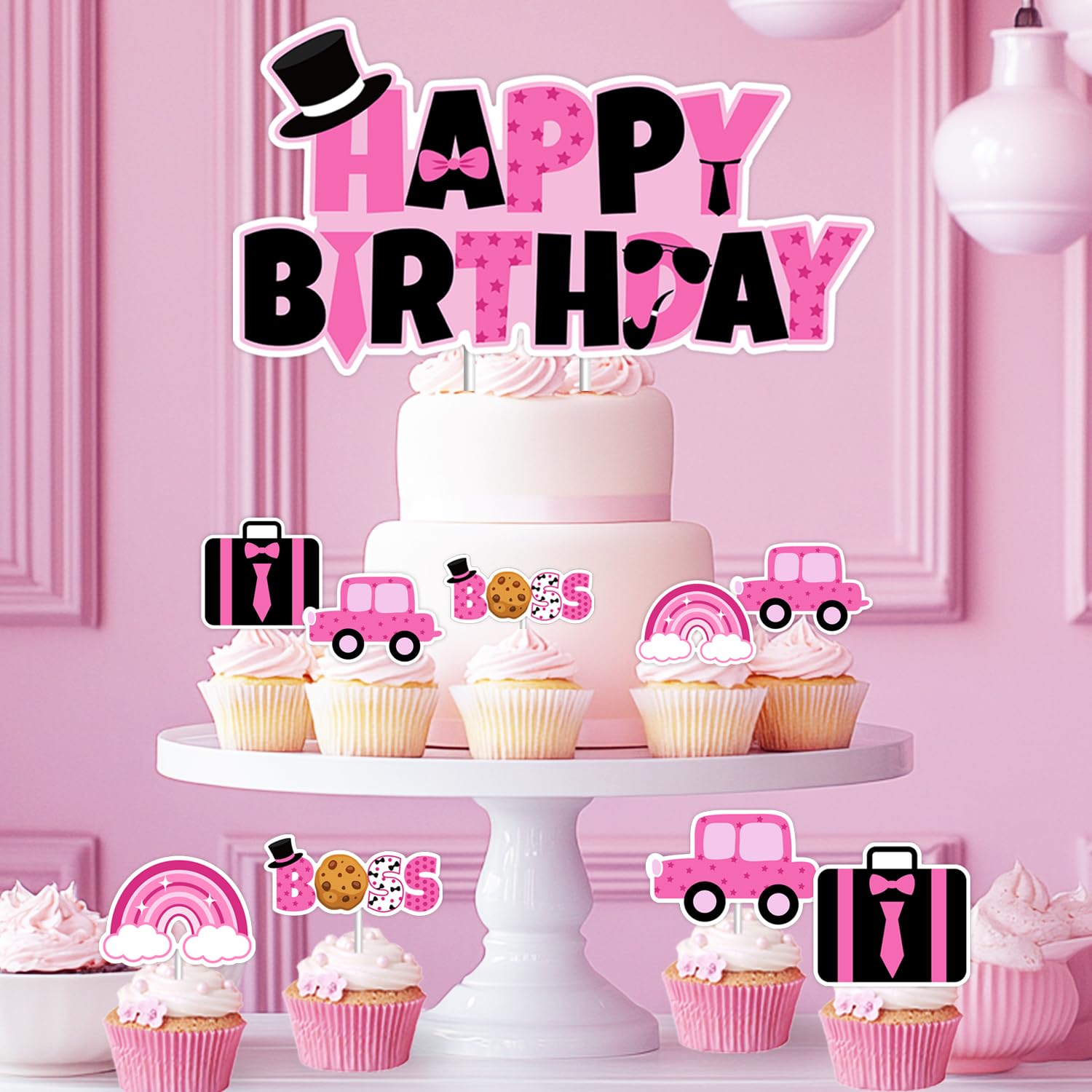 Boss Girl Cake Toppers - Pink & Black Birthday Decor Set For Girls, Baby Showers, Gender Reveal - View #4