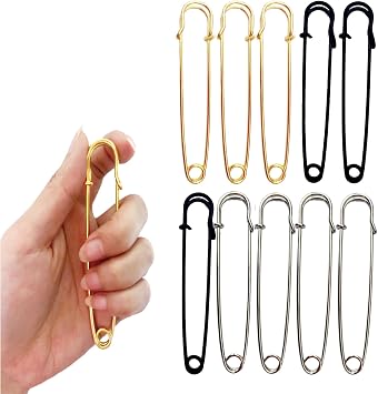 10PCS Large Safety Pins,4 Inch Heavy Duty,3 Colors Extra Large Safety pins 3Gold/3Black/4Silvery