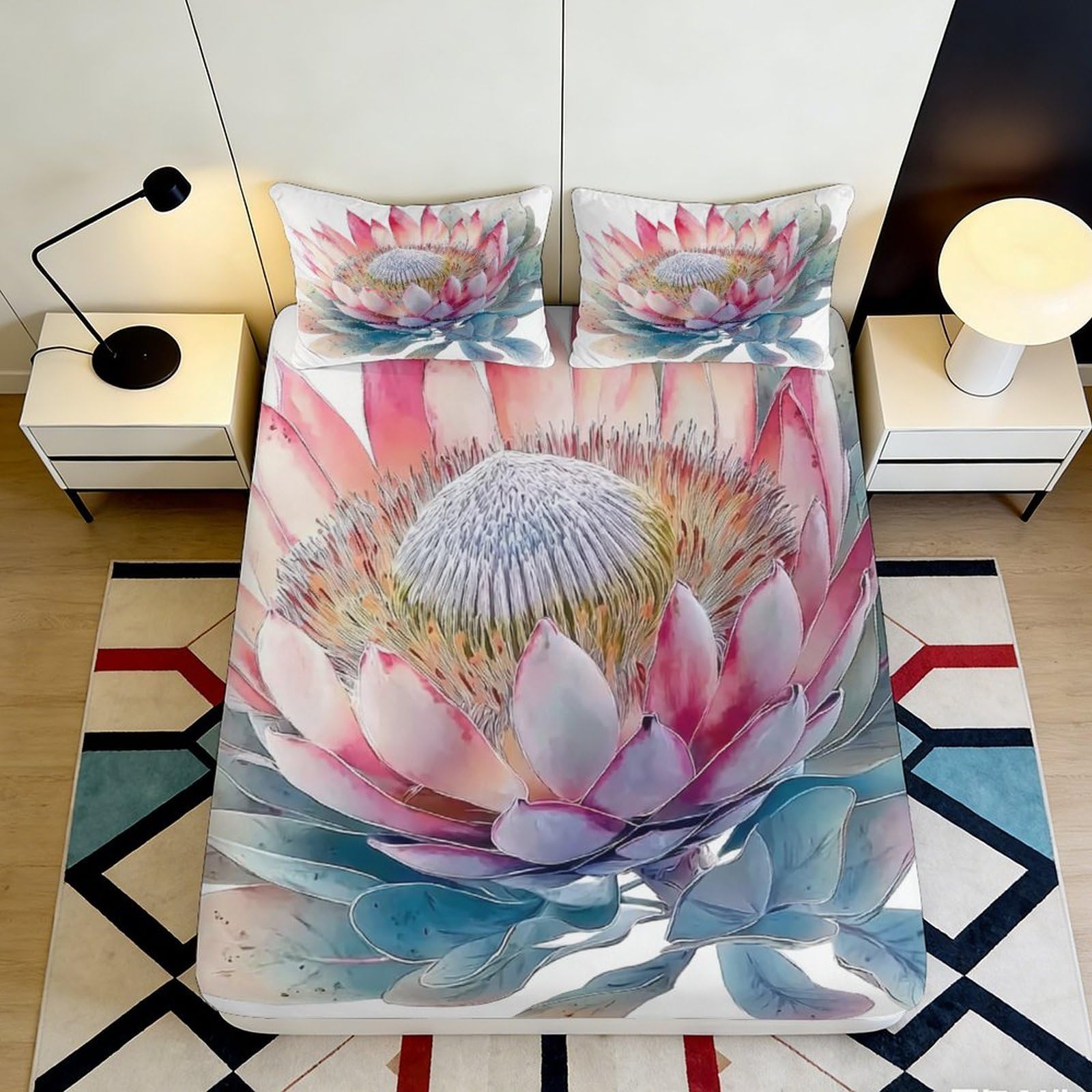 3D Printed Protea Flower Fitted Sheet Microfiber Soft Mattress Cover Pink Blue Botanical Bedroom Decor 160x200x25cm