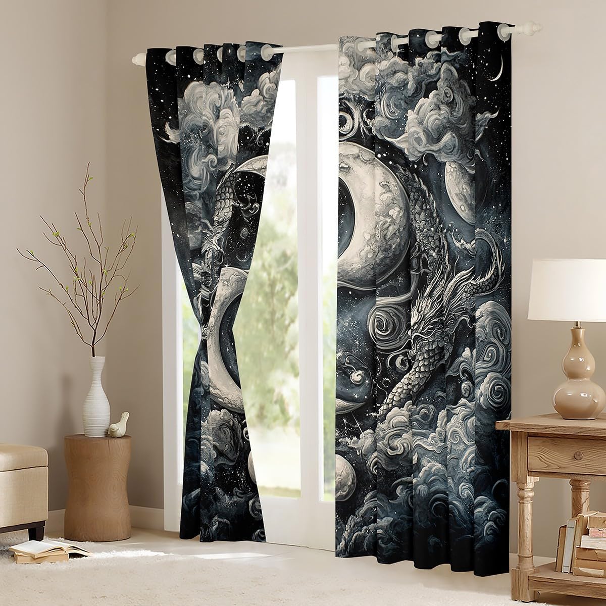 Erosebridal Black Dragon Tai Chi Curtain - Premium Dragon Animals Window Curtains,Auspicious Clouds & Bagua Symbol Window Treatments,Chinese Imperial Style Curtains & Drapes 38''Wx45''L,2 Panels