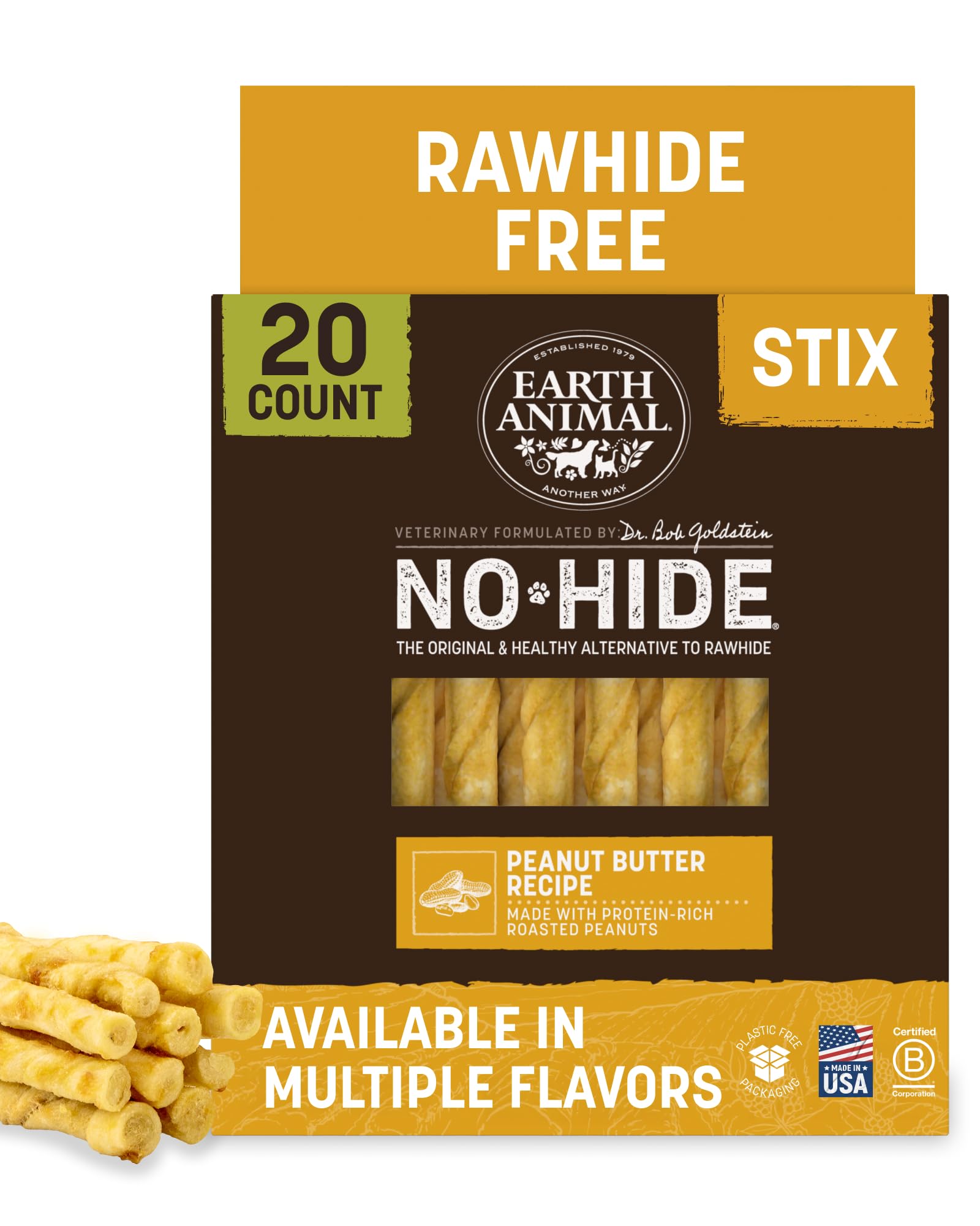 Earth Animal No Hide Stix - Rawhide Free Dog Chews 20 Count Peanut Butter