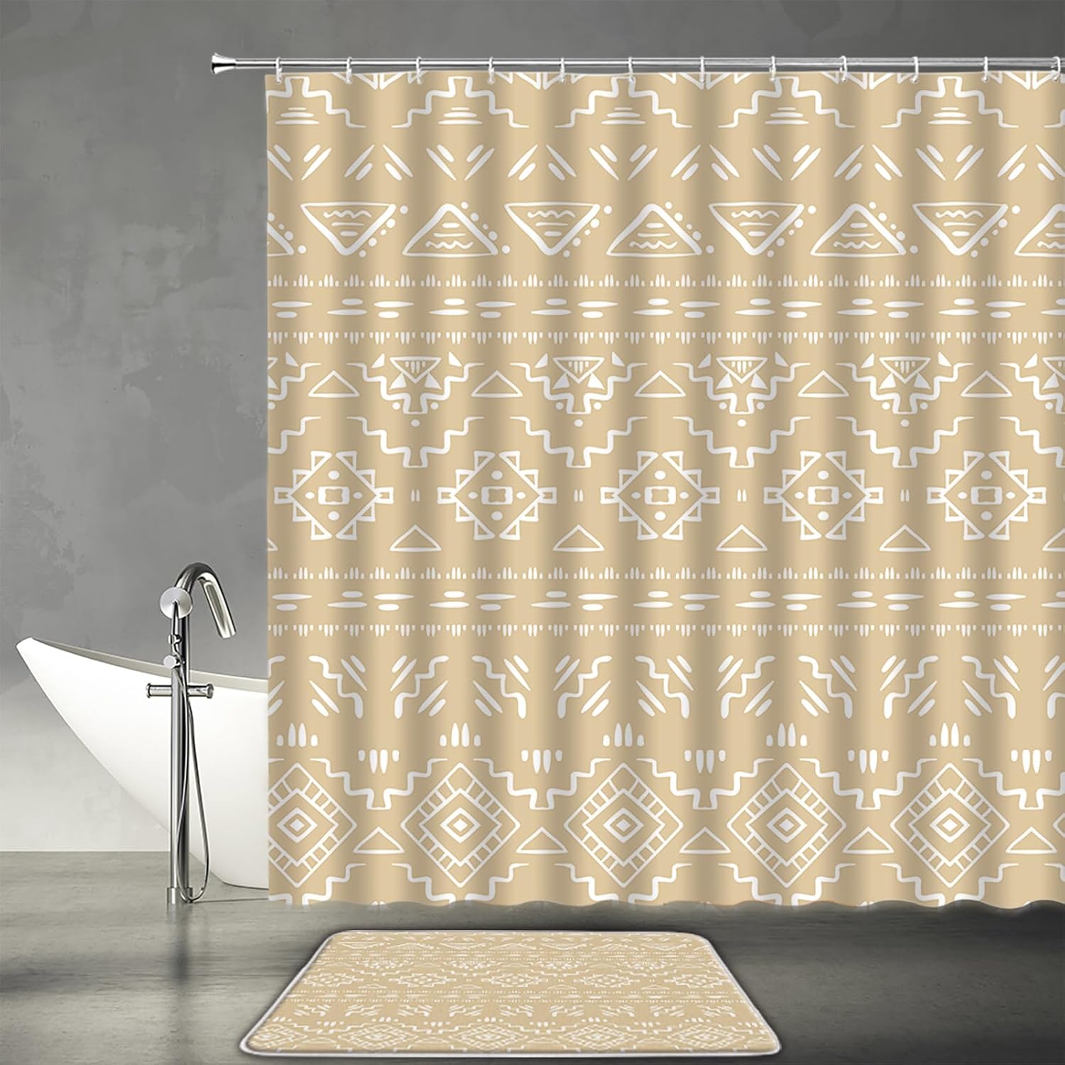 2 Piece Boho Shower Curtain Sets with Bath Mat,Brown Modern Farmhouse Tribal Retro Western Aztec Abstract Mid Century Bathroom Decor Polyester Curtain with Hook