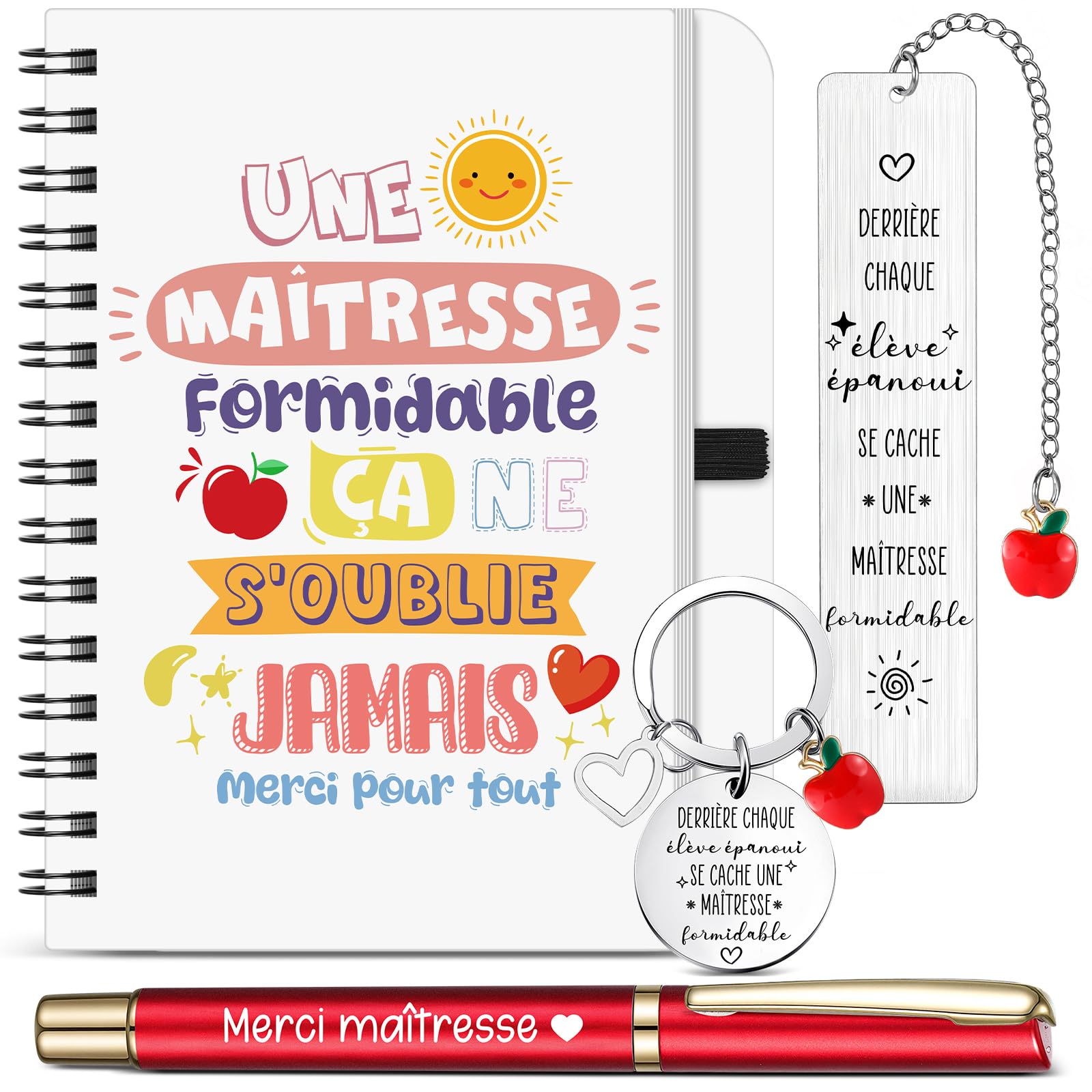 Sinmoe 4 Pièces Cadeau Merci Maîtresse Professeur Enseignant Cahier à Spirale de Format A6 Marque-Page Porte-Clés Stylo Rétractable pour École Fin d'Année Cérémonie de Remise des Diplômes