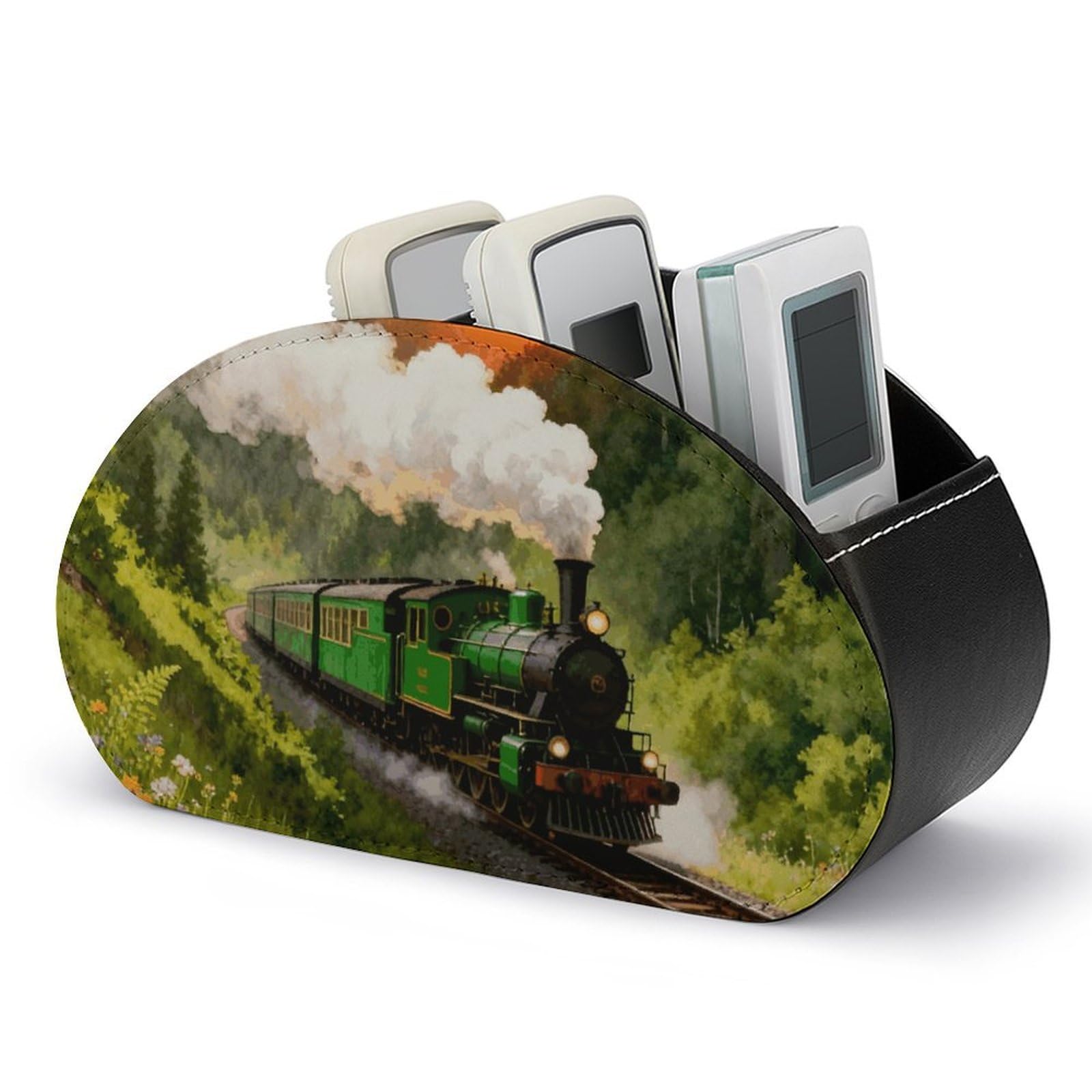 DWVTSLH Forest Steam Car Remote Control Holder with 5 Compartments - PU Leather TV Remote Holder Remote Caddy Desktop Organizer Makeup Brush Holder, Remote Storage Box for Home Office