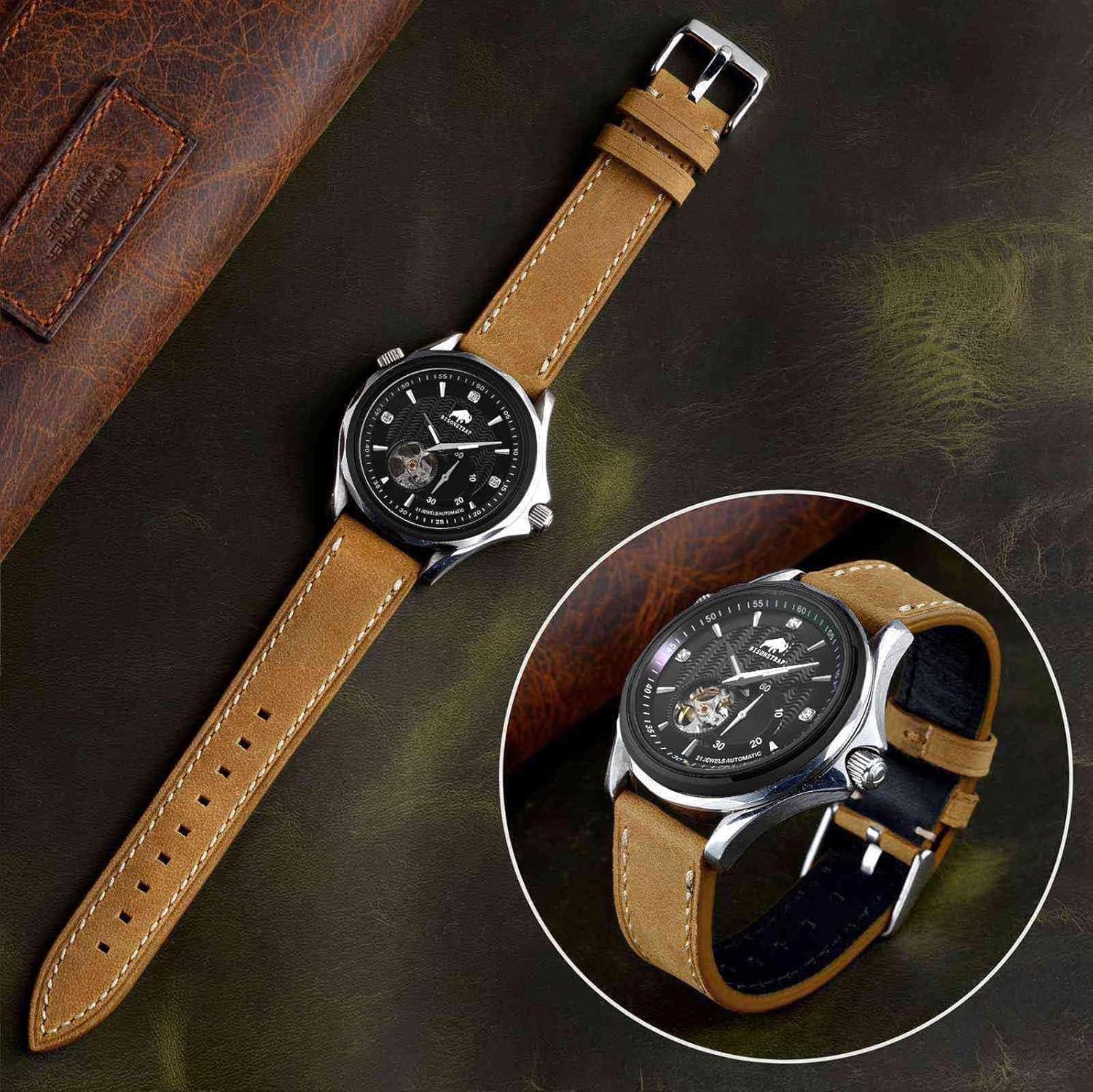 BISONSTRAP Leather Watch Straps, Casual Style Replacement Band for Men and Women-18mm 19mm 20mm 21mm 22mm - Image 2