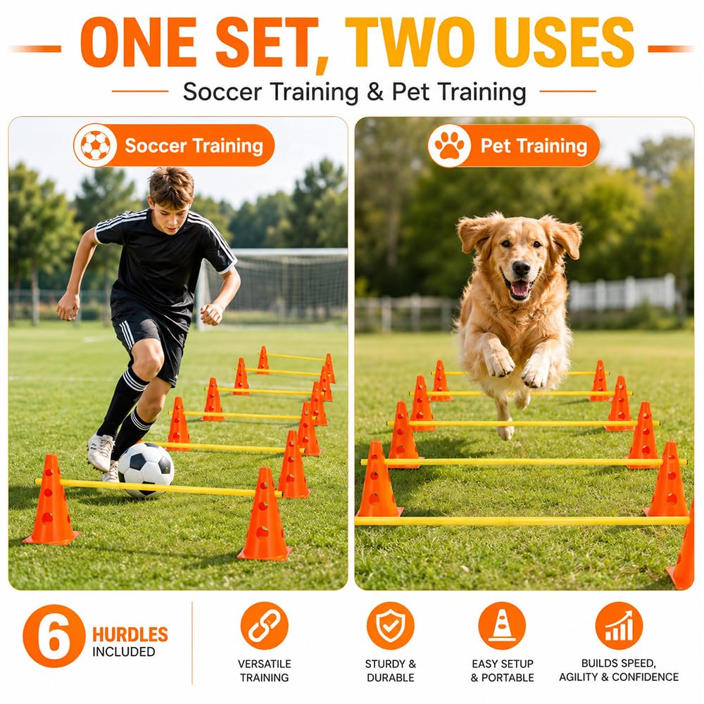 Steckhürdenset, Agility Set Hunde mit 12 Kegel(23cm) + 6 Stangen(1 m), Cavaletti Hund für Koordinationstraining, Pylonen Hundetraining, Einstellbare Trainingshürden für Hunde Teamsport Fussball