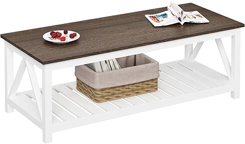 Miniatura 16 de ChooChoo Mesa de centro de granja, mesa rústica vintage para sala de estar con estante, 40 blanco Blanco,Negro -,Espresso,Negro puro,Roble rústico y