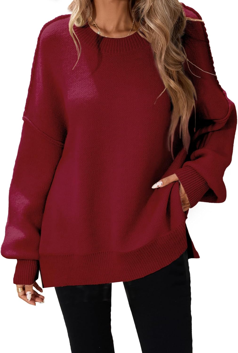 SunnyMelody Womens Oversized Batwing Sweater Fall 2025 Crew Neck Pullover Knit Tops - Outside Seam, High-Low Hem, Side Slit