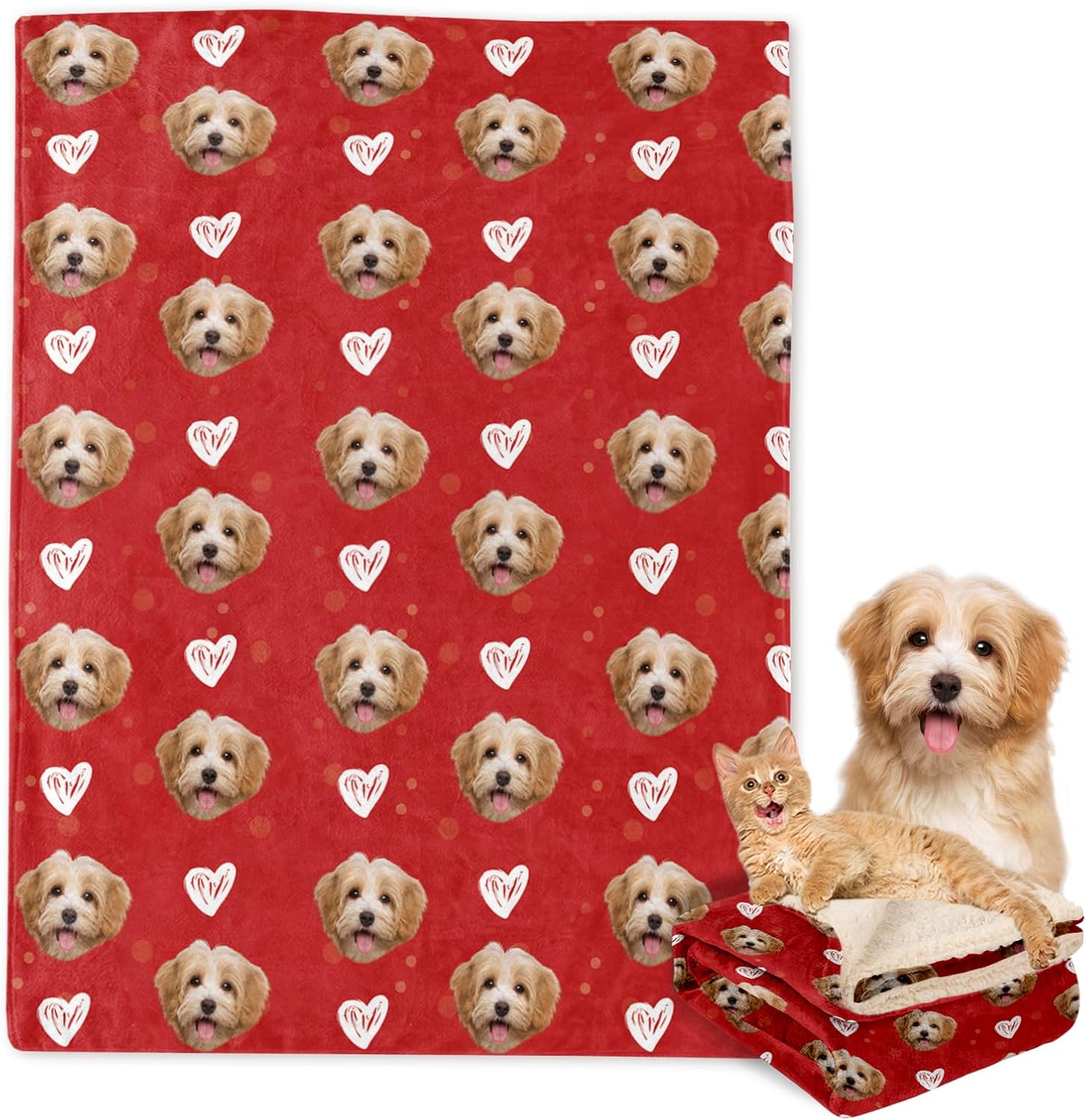 Custom Pet Blanket Personalized Dog Cat Blanket Puppy Blanket, Pet Gift for Dog Cat Lovers Mom Dad, Washable Warm Sherpa Blanket for Couch Bed, 3 Sizes for Small Medium Large Dogs Red
