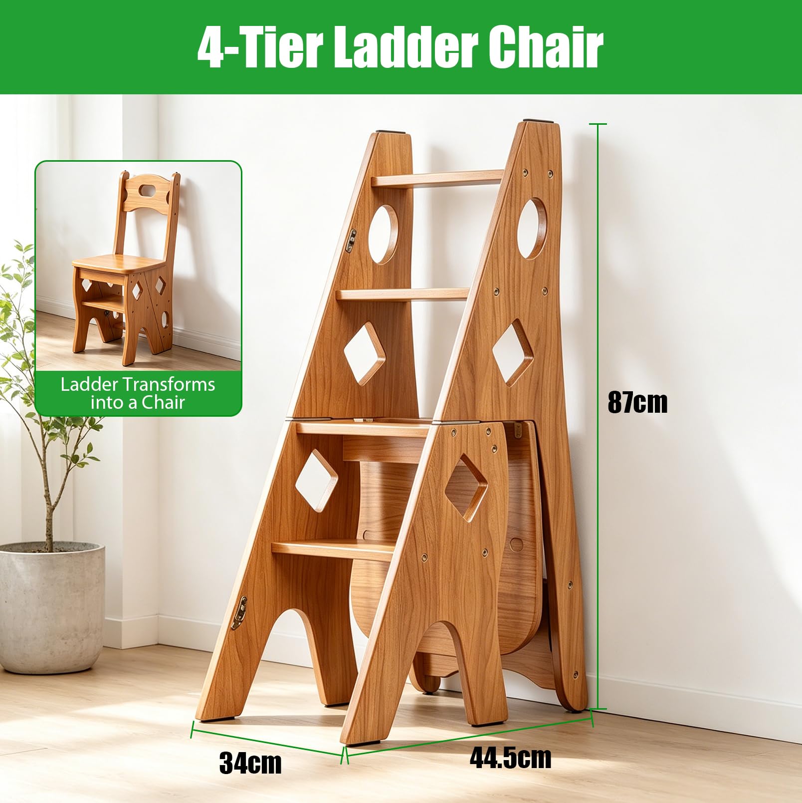 4 Stufen Stufenleiter, 2-in-1 Leiter und Stuhl Tritthocker, Kletterstufen | Klappbar Bibliotheksstuhl Stuhl Aus Massivholz, Haushaltstritt bis 180 kg, Stehleiter für Küche Zuhause Bibliotheken