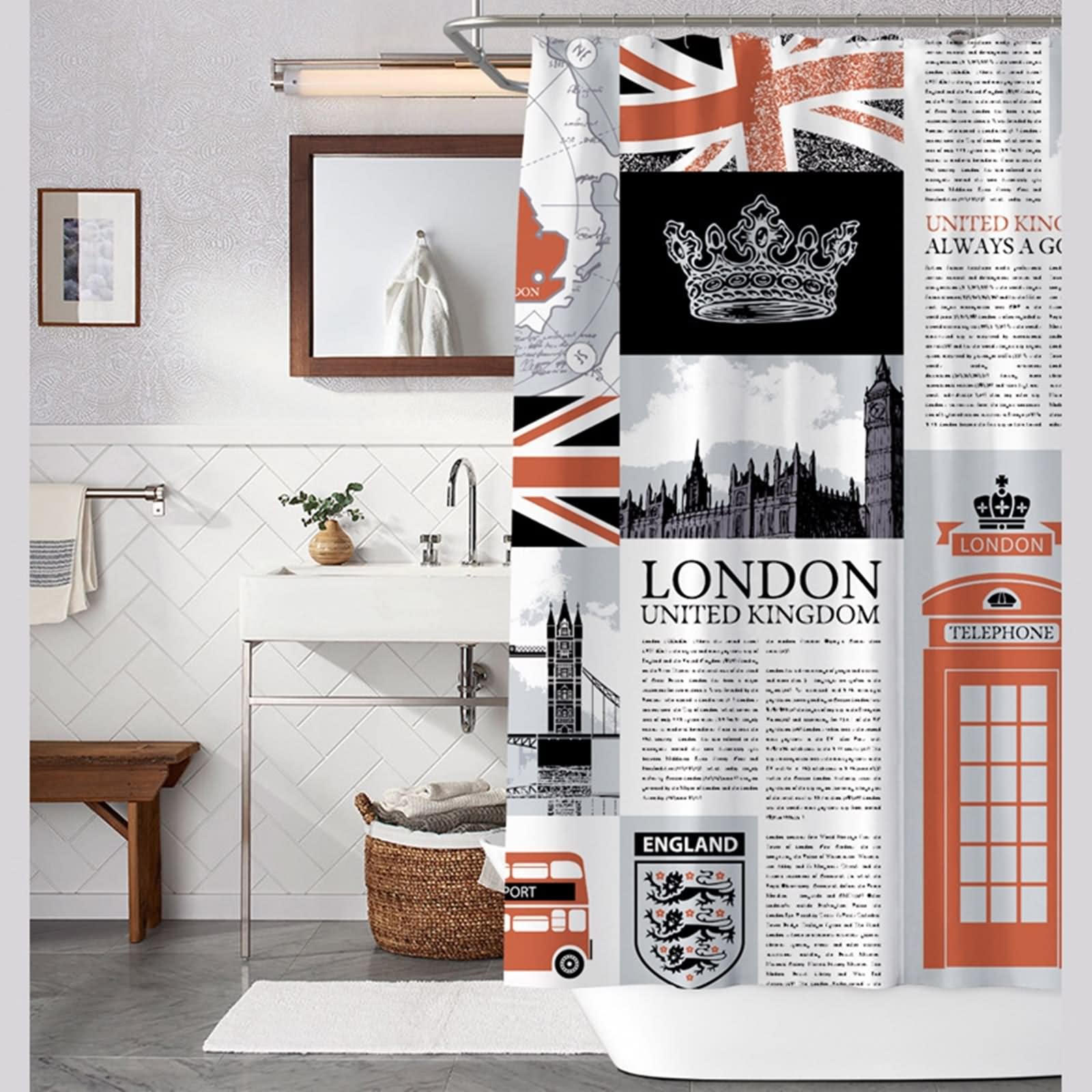 Shower Curtains Long, Duschvorhang Moder Englische Zeitung Mehrfarbig Polyester 200X180cm Badezimmerzubehör