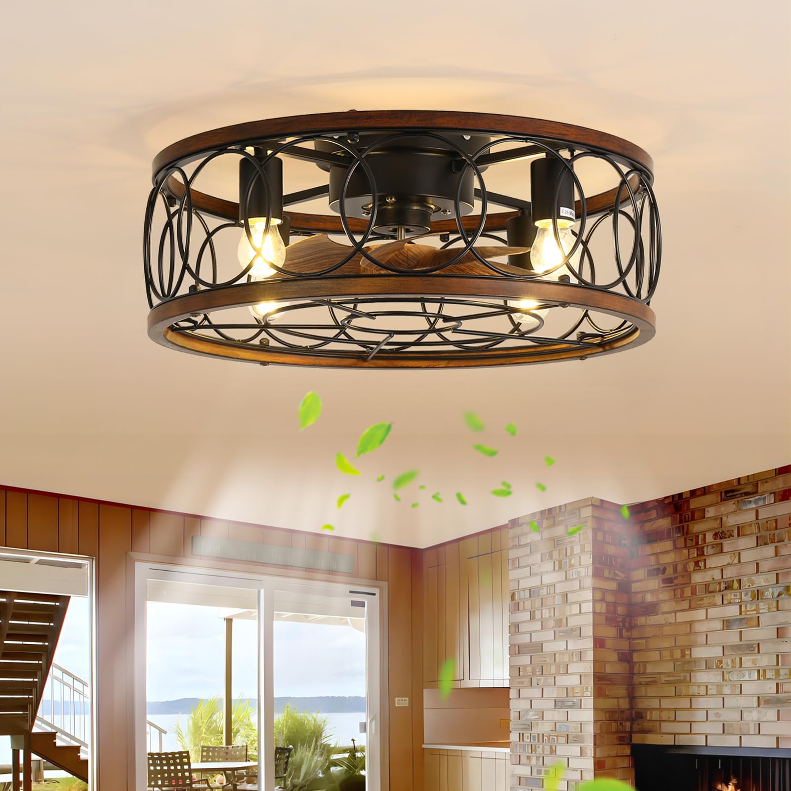 Fandelier Ceiling Fan With Light LEDIARY Ceiling Fans With Lights Remote  Control, 22 Inch Farmhouse Caged Flush Mount Ceiling Fan Low Profile, Small Industrial  Rustic Quiet Ceiling Fan With Remote For Bedroom,, image size:1601x1601