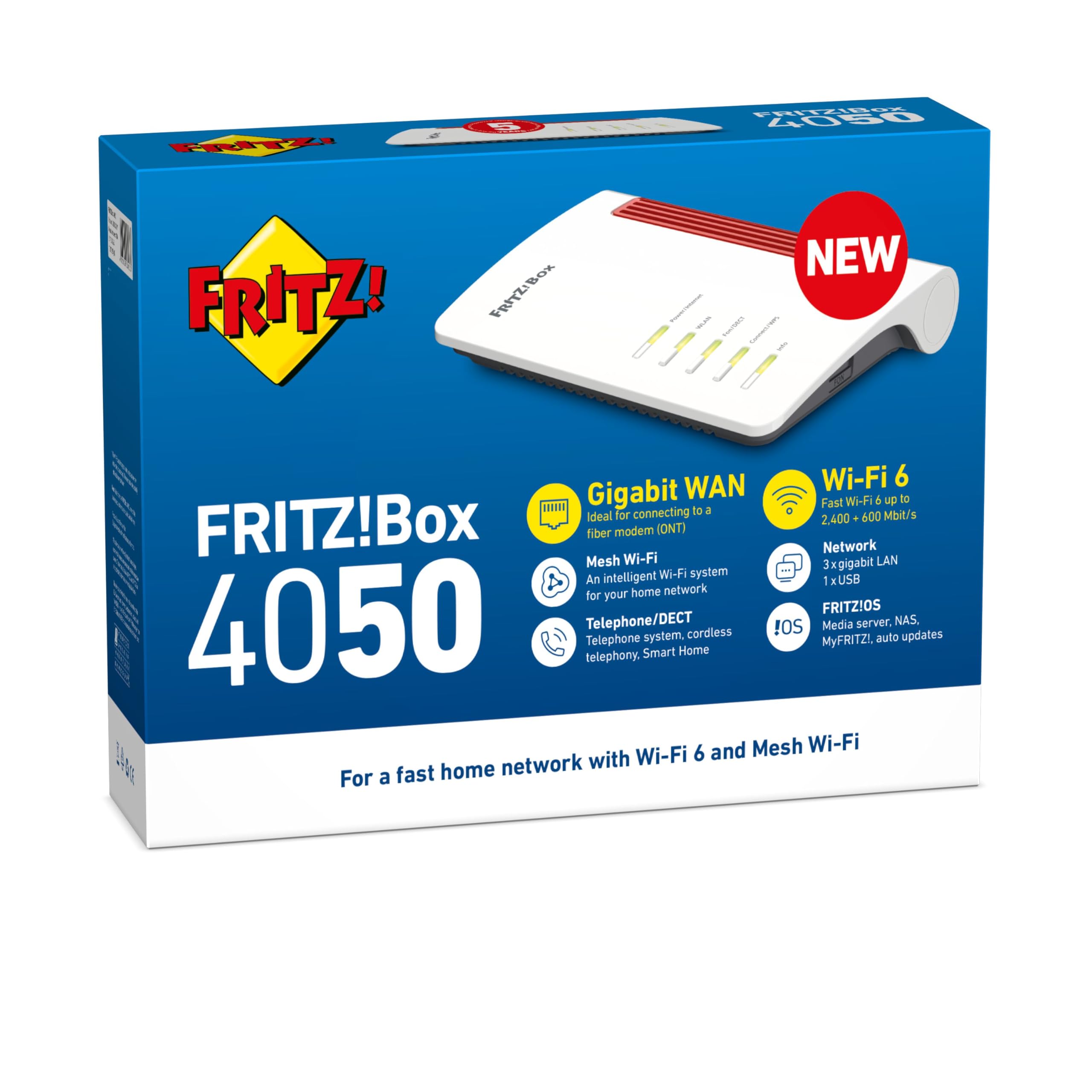 AVM FRITZ!Box 4050 International Router, WiFi 6, Dual Band (2400 Mb/s 5 GHz, 600 Mb/s 2,4 GHz), Mesh, WAN GB, 3 x Gigabit LAN, 1 x USB 3.0, DECT Base, Serwer multimedialny, interfejs w języku