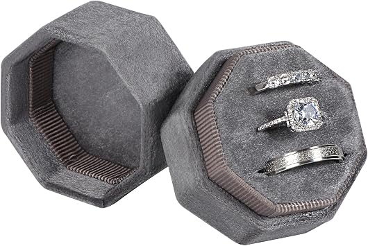 Velvet Ring Box,3 Slots Octagon Jewelry Ring Gift Box Vintage Ring Display Holder Case for Wedding Ceremony Proposal Engagement Grey