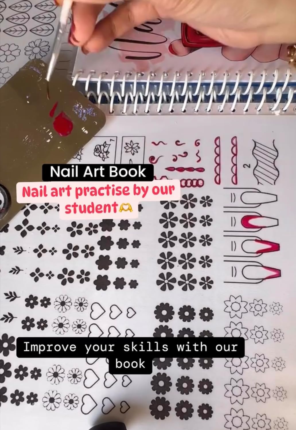 Gel & Acrylic Nail Art Workbook Reusable 3D Nail Design Template Ombre Stilleto French tip Nail Practice Book for UV Gel Polish Poly Builder Gel X Acrylic Nail foils Crystals Rhinestones Glitter (5)