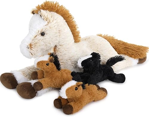 Tezituor Juego de 4 Animales de Peluche de Caballo, Caballo Mamá de Peluche Grande de 21 Pulgadas con 4 Juguetes de Poni Bebé, Almohada de Peluche