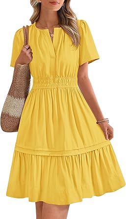 BTFBM Women's Casual Dresses 2025 Summer Spring V Neck Short Sleeve Sundress Smocked Waist A Line Tiered Mini Dress