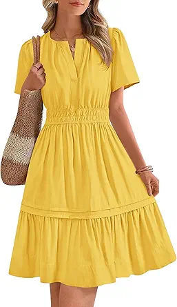 BTFBM Women's Casual Dresses 2025 Summer Spring V Neck Short Sleeve Sundress Smocked Waist A Line Tiered Mini Dress