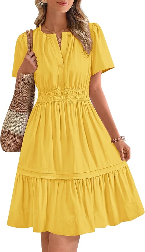 BTFBM Women's Casual Dresses 2025 Summer Spring V Neck Short Sleeve Sundress Smocked Waist A Line Tiered Mini Dress