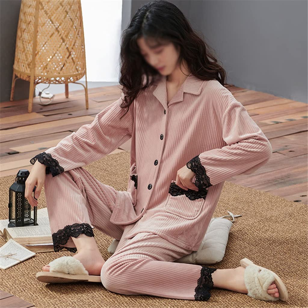Winter-Flanell-Pyjama-Set Damen-Fleece-Nachtwäsche Heimkleidung Dicker Warmer weiblicher Nachthemd-Anzug-Pyjama (Color : Pink, Size : XXL-Code)