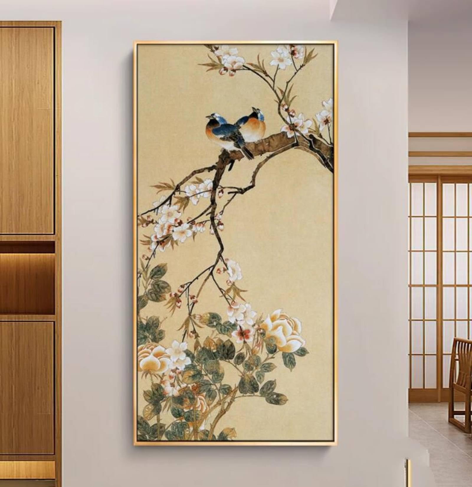 Peinture d'oiseau et fleur de prunier chinois pour décoration murale suspendue de grand canapé