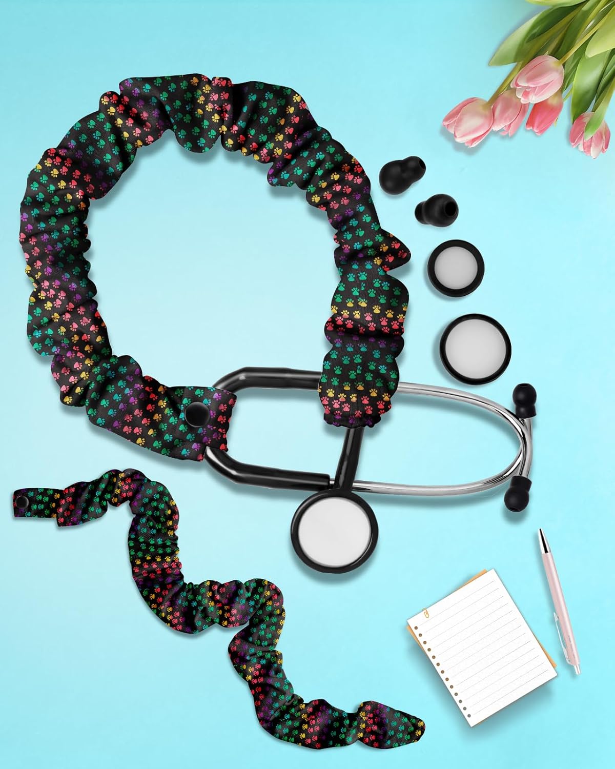 Plifal(プリファル) 伸縮性 聴診器カバースリーブ 看護師 医師用 カフアクセサリー - 楽しい足跡プリーツデザイン、ほとんど