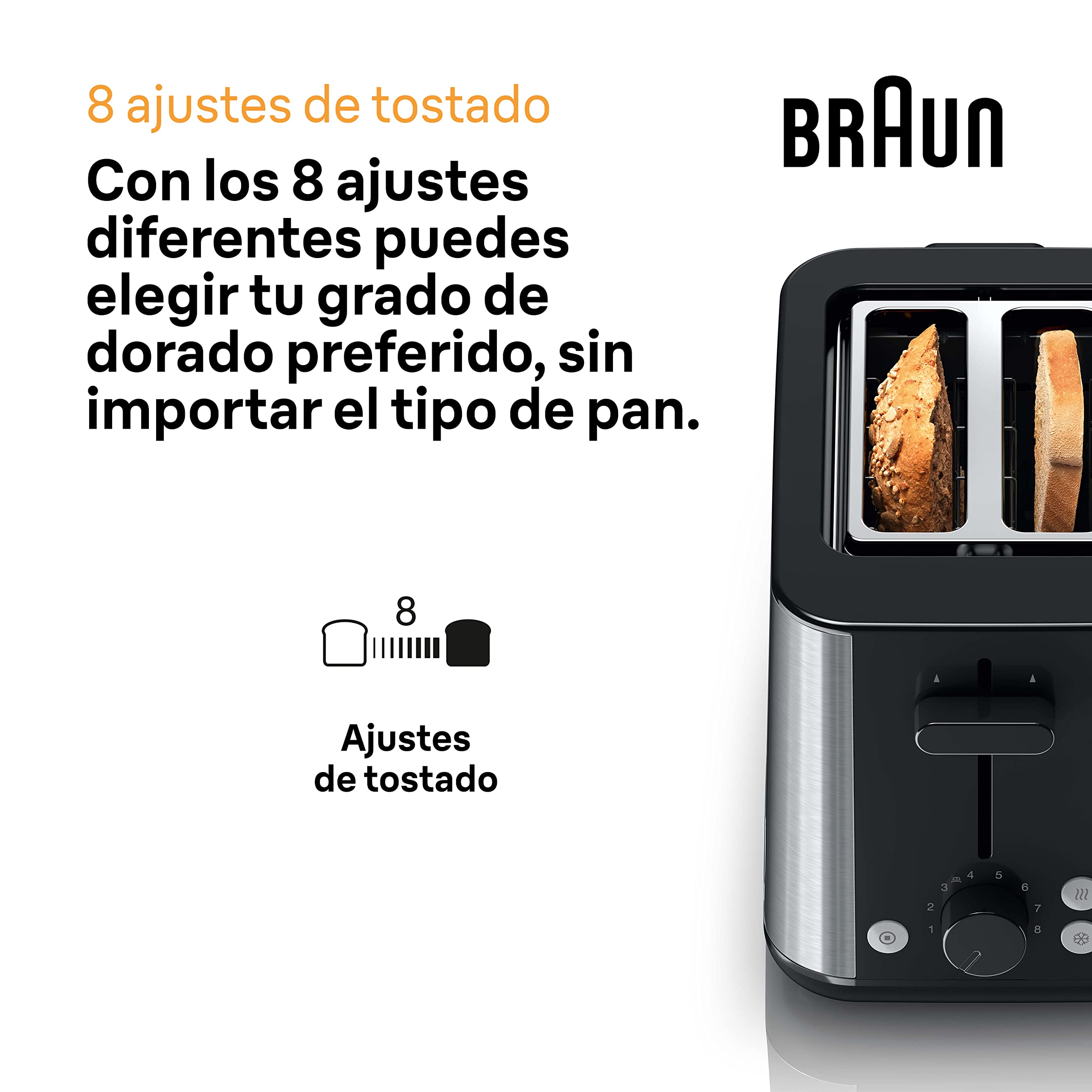 Braun PurShine Tostadora, Tostadora de 2 Ranuras, 8 Niveles de Tostado, Funciones de Recalentado y Descongelación, Bandeja Recogemigas, HT1510BK, 900W, Negro