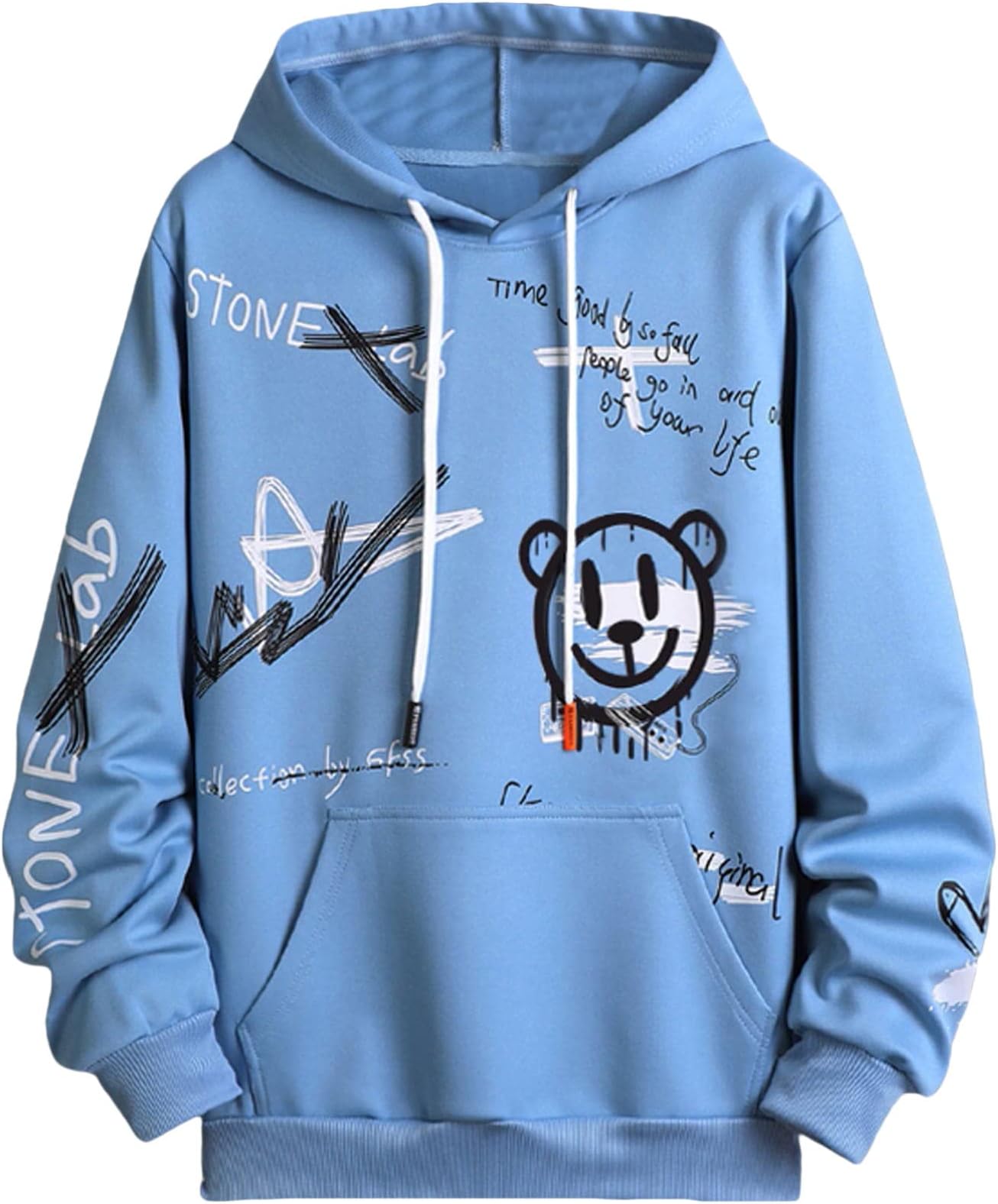WDIRARA Men's Cartoon Letter Graphic Drawstring Hoodie Long Sleeve Pocket Sweatshirts Blue M