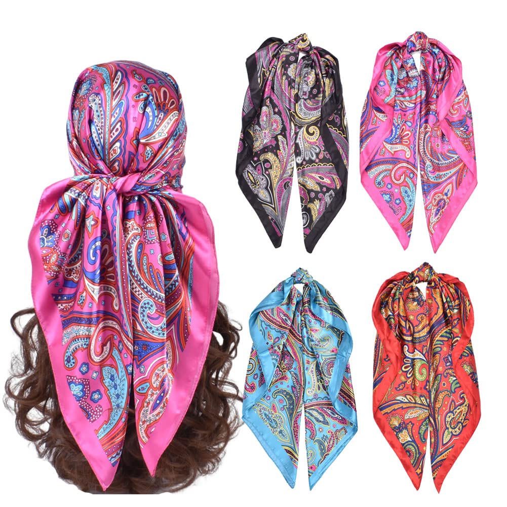 upeilxd 4Pcs Silk Head Scarves for Women Satin Hair Scarf 35”Large Square Bandana Silk Like Neck Scarf Shawl, Blue/Purple/Red/Black