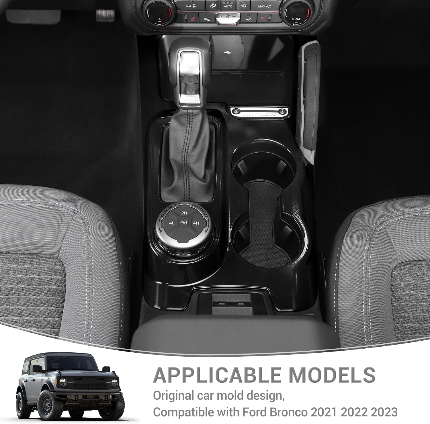 for Bronco Center Console Gear Shift Panel Trim Cover Cup Holder Frame for Ford Bronco 2021-Present Black Interior Accessories