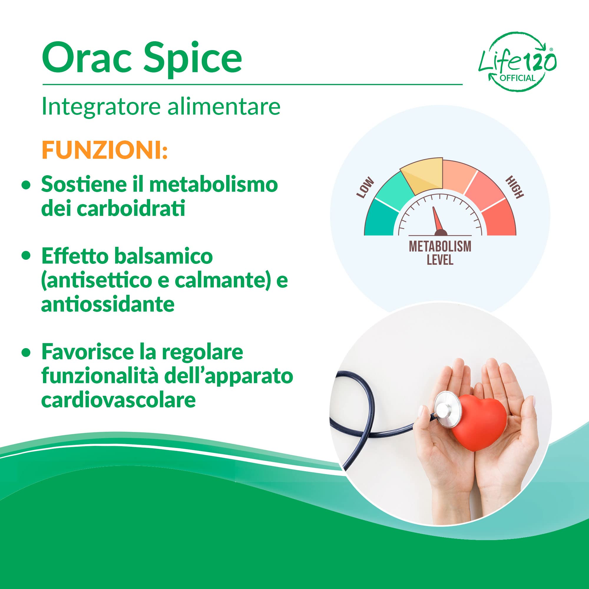 Life 120 - Orac Spice - Integratore combinato di spezie – Curcuma, Pepe, Cannella, Chiodi di garofano, azione Antiossidante, Zenzero, Origano, Regolarità Transito Intestinale – 240 compresse