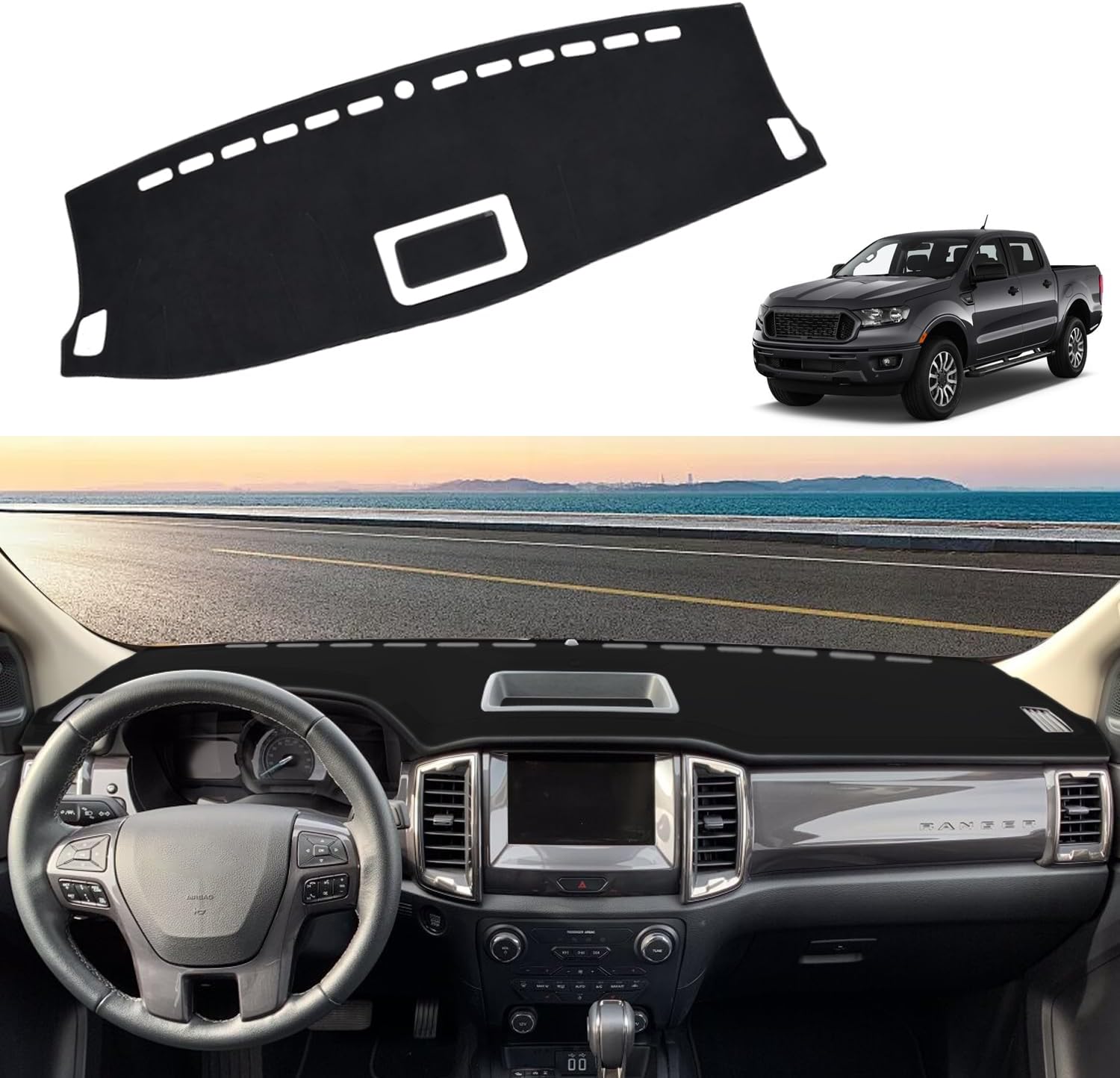 Blazeray Car Dashboard Cover Mat for Ford Ranger Pickup 2019 2020 2021 2022 Left Hand Driving Non-Slip Dashboard Mat Pad Interior Accessories Custom Fit Dash Mat Sunshade Windshield Glare(Black Edge)