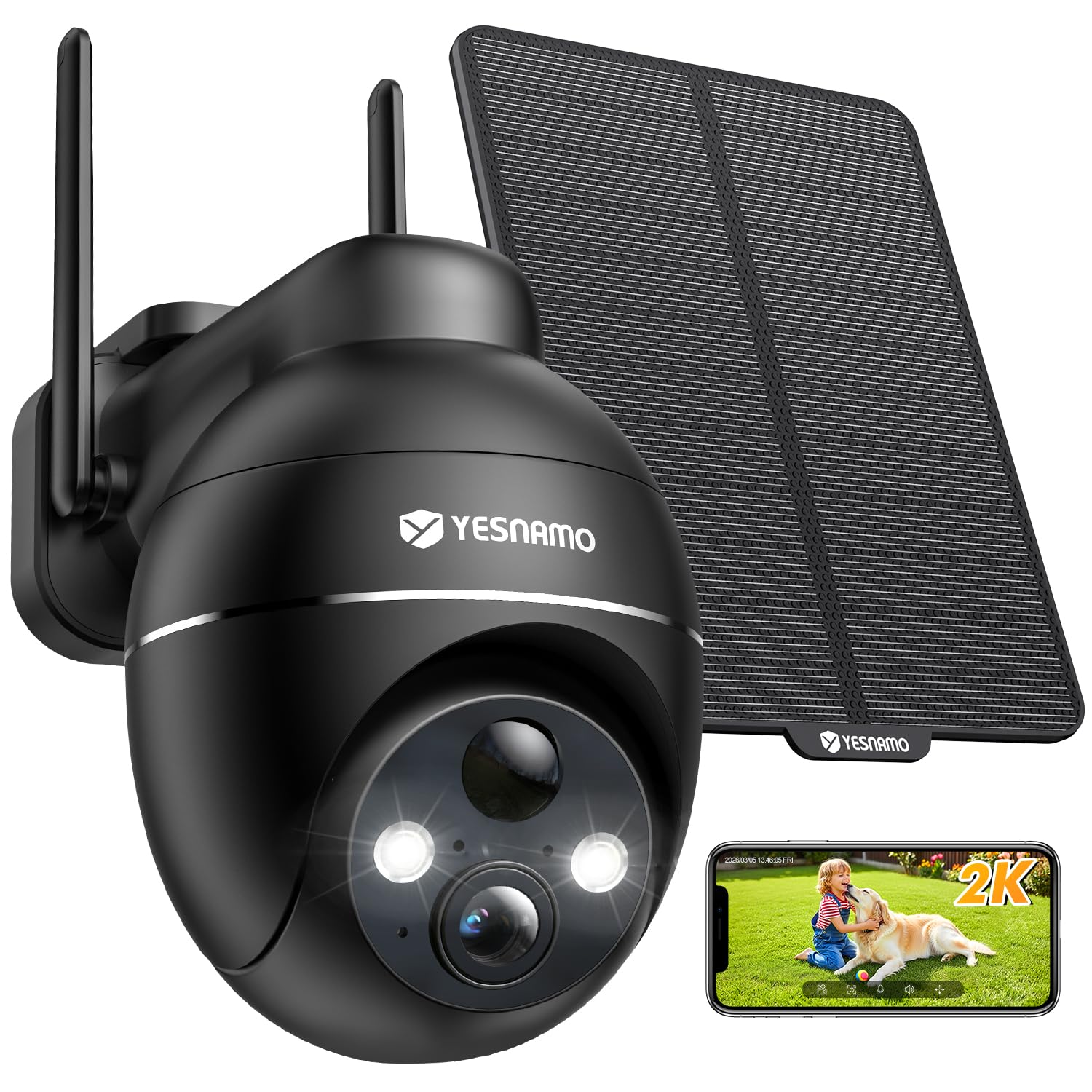 Telecamera Wi-Fi Esterno con Pannello Solare, 2K Videocamera Sorveglianza Esterno a Batteria 360° PTZ, Audio Bidirezionale, Visione Notturna A Colori, Allarmi PIR, IP66, Nero