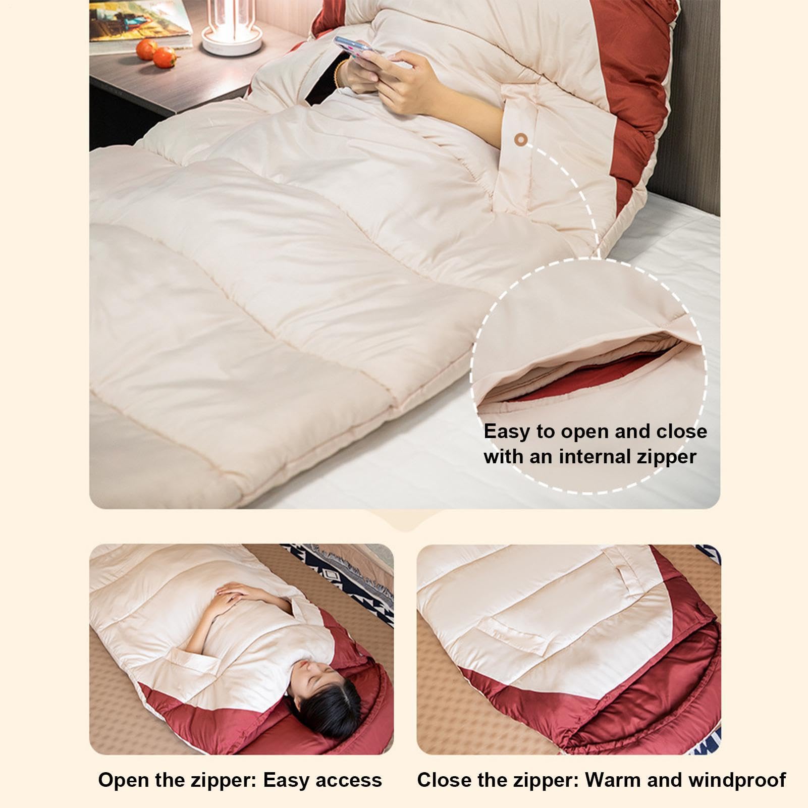 Sacco a pelo per adulti, 220 x 95 cm, con cappuccio, indossabile, materassino | Sacco a pelo queen size per tenda, all'aperto, primavera, estate, autunno, viaggi, letto, casa e asilo