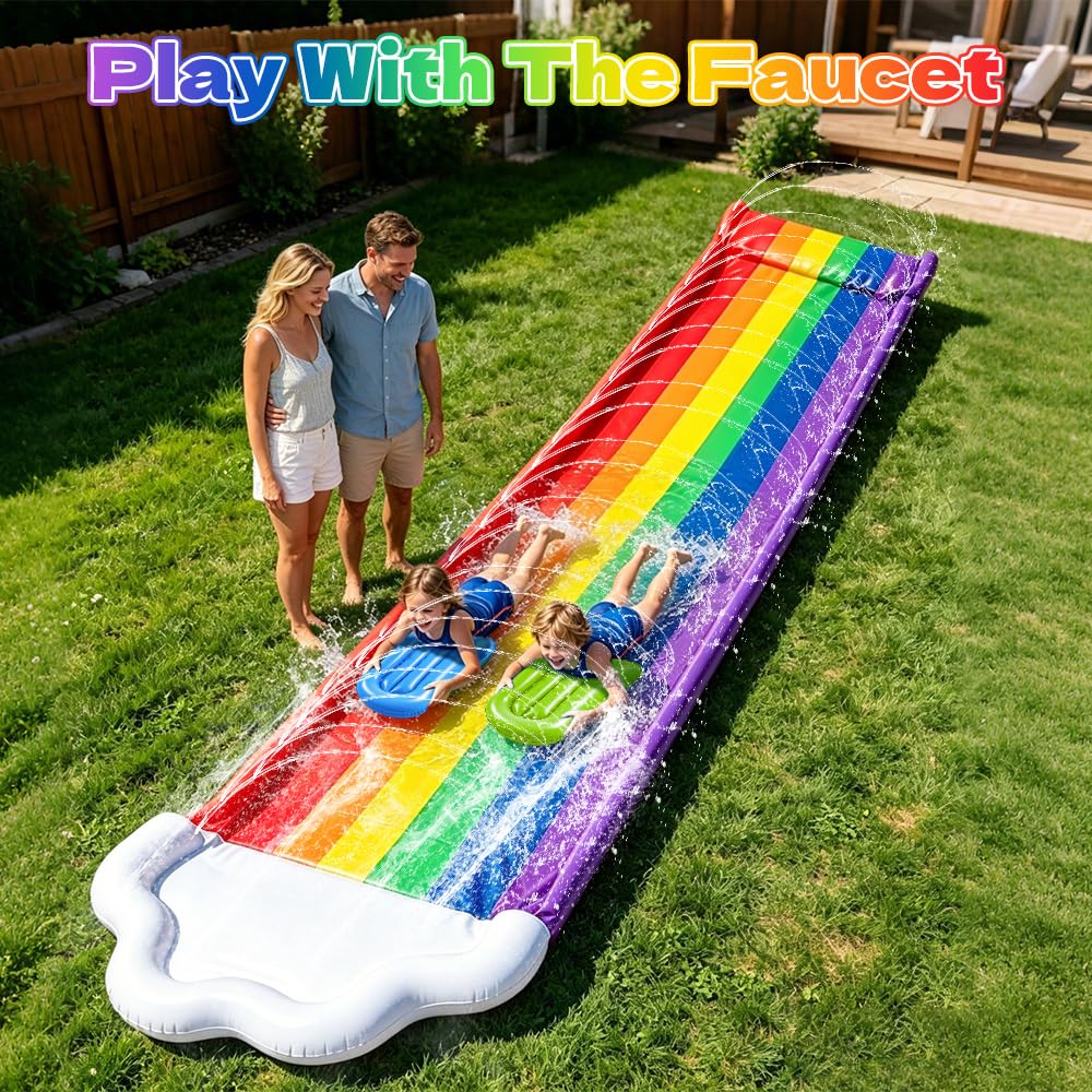Wasserrutsche Garten 4.8x1.4m Doppel Wasserrutsche mit 2 Bodyboards & Sprinkler für Kinder Erwachsene