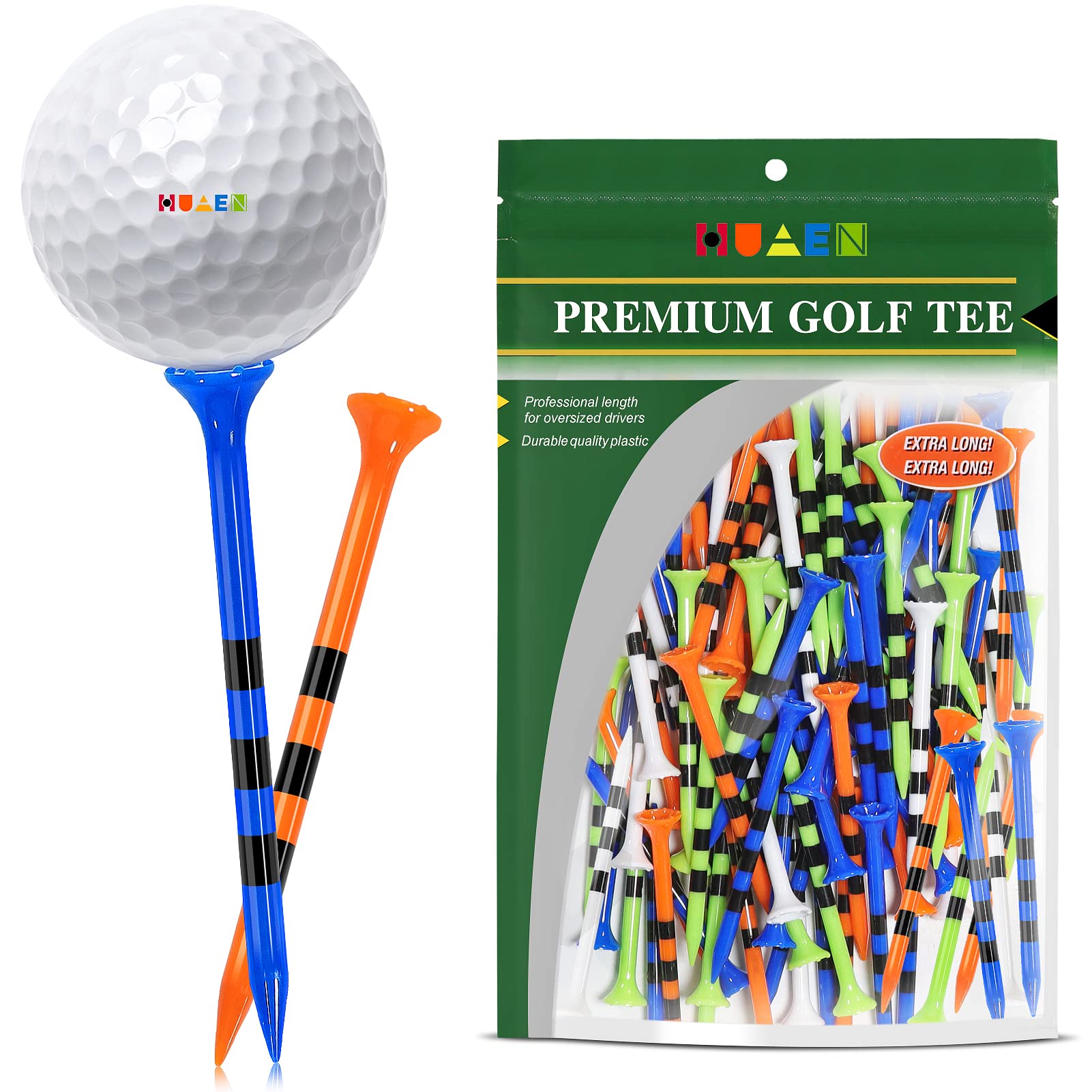 HUAENHUAEN Golf Tees Plastic Tees 100 Pack 3-1/4 Inch Unbreakable Long Tees Bulk,Low Friction and Resistance