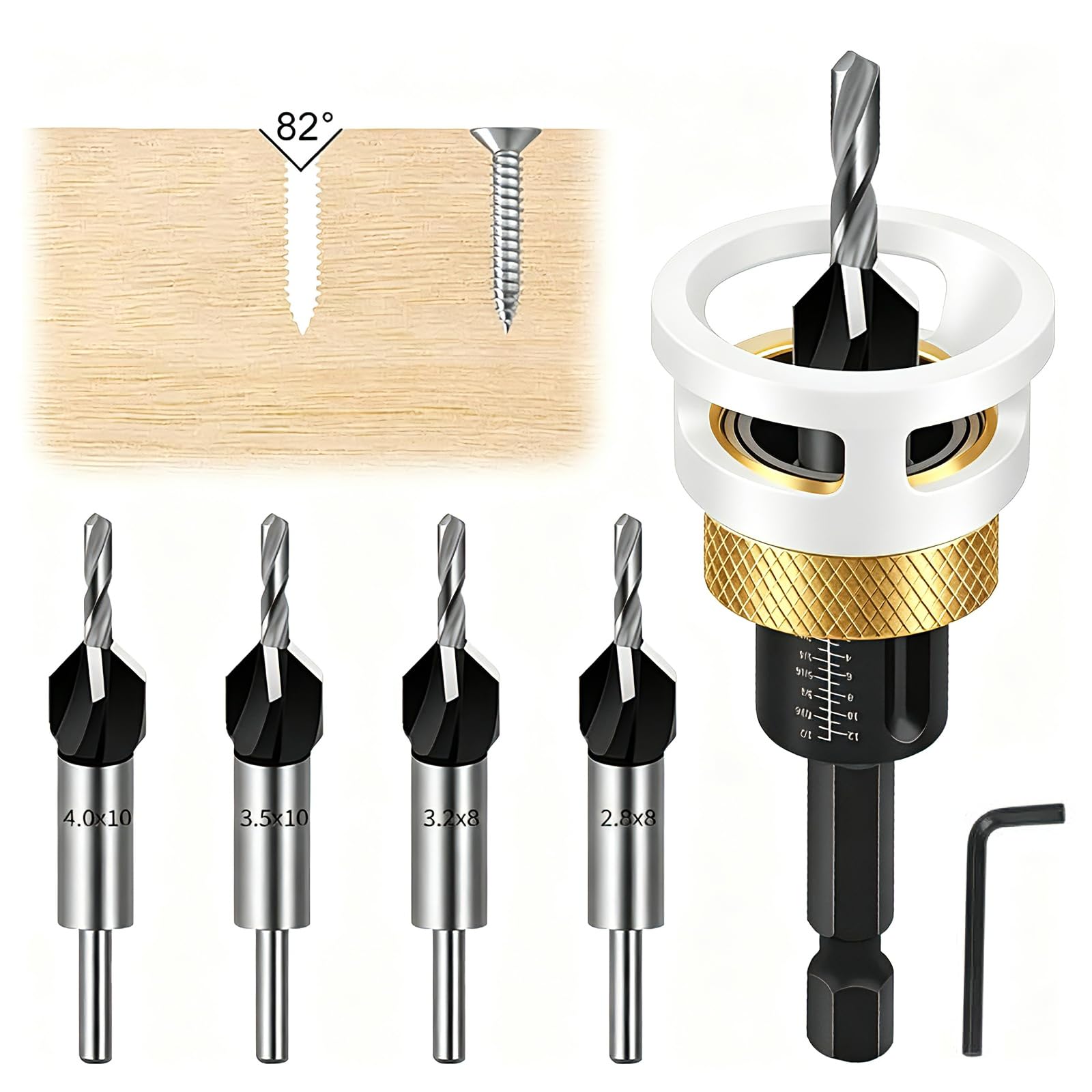 Juego de 6 brocas avellanadoras cónicas, avellanador con tope de profundidad, avellanador para madera con vástago hexagonal de 1/4 pulgadas, de HSS-M2, avellanador cónico de madera con tope de