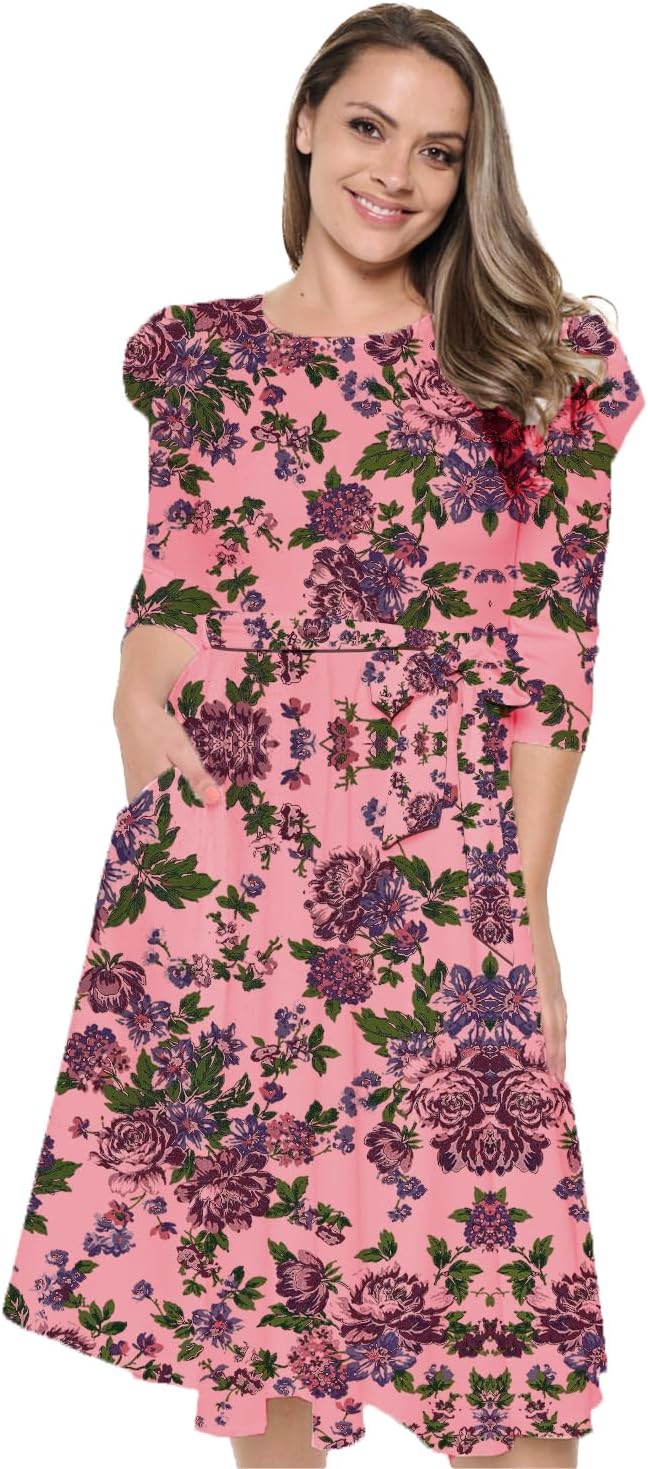 Stylish Fabric Women's Women's Summer 3/4 Long Sleeve Midi Cocktail Dress Side Pocket and Tie Waist