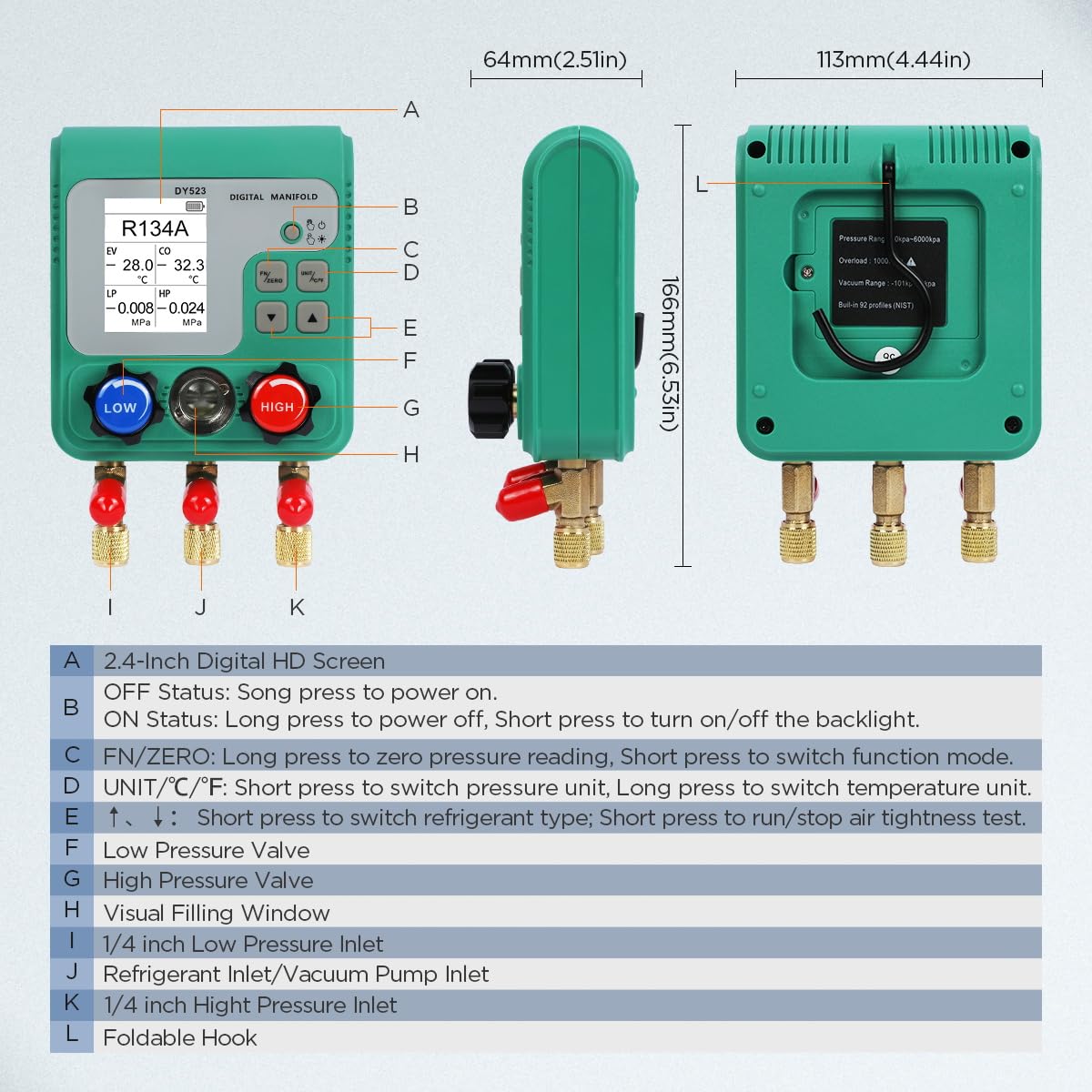 Diagram of the digital manifold gauge showing labeled parts and functions