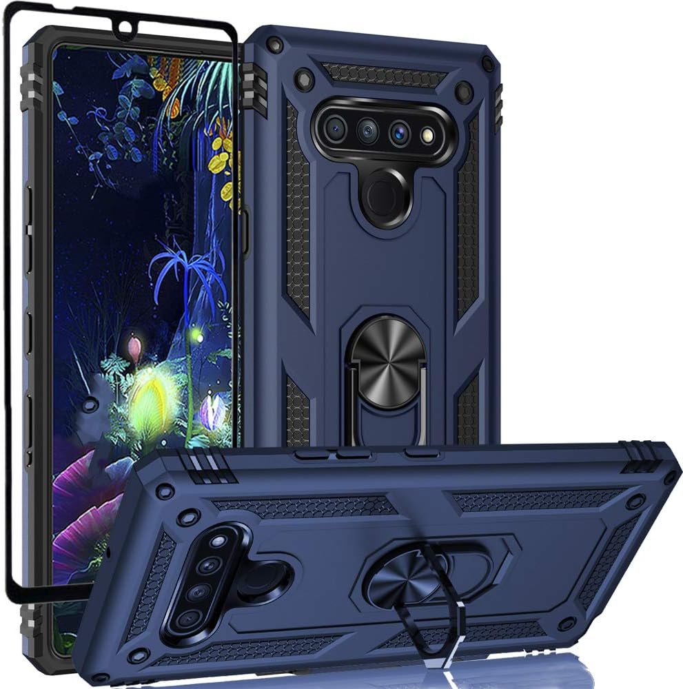 Dretal For LG K51 Case, LG Reflect Case, LG Q51 Case with Tempered Glass Screen Protector, Military Grade Shockproof Protective Case Cover with Rotating Holder Kickstand for LG K51 / LG Reflect (Navy)