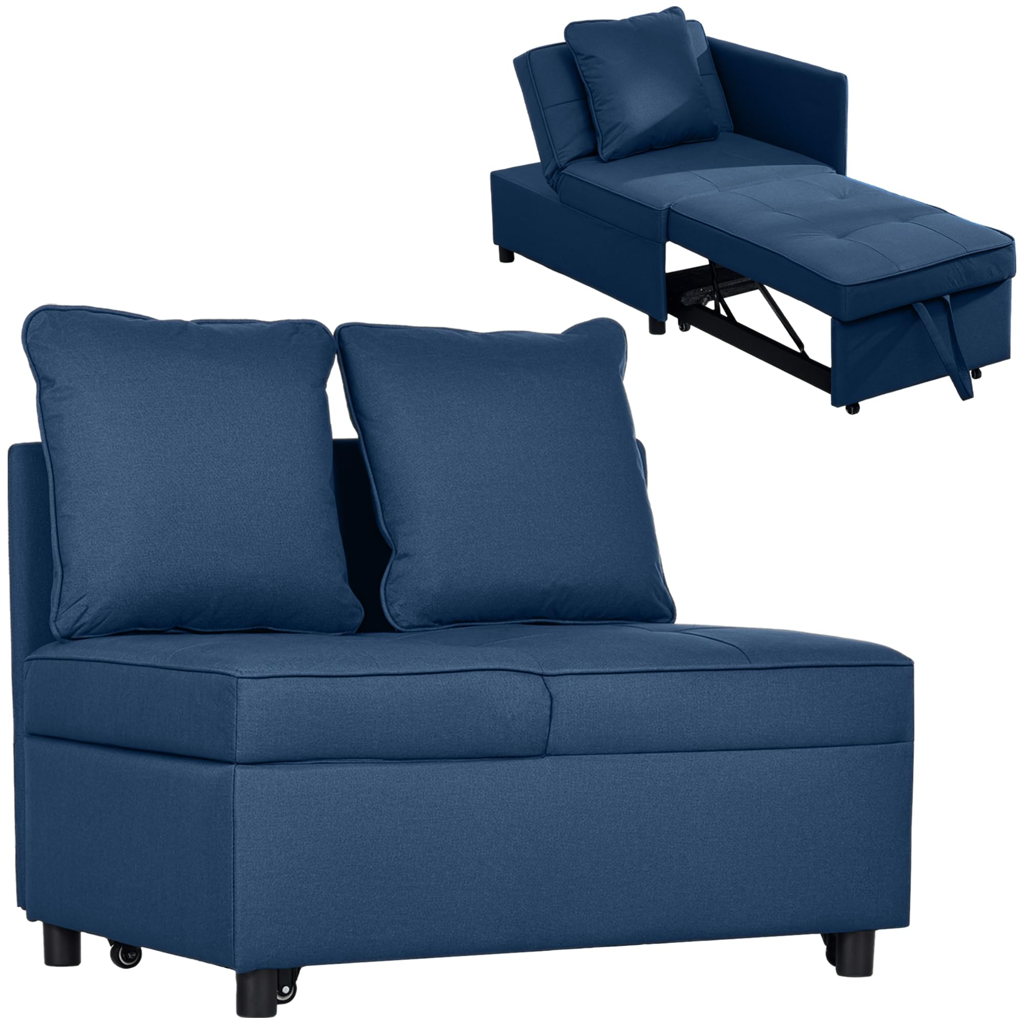 Homcom Blue Folding Sleeper Sofa Bed Chair With Pillows, Pocket In