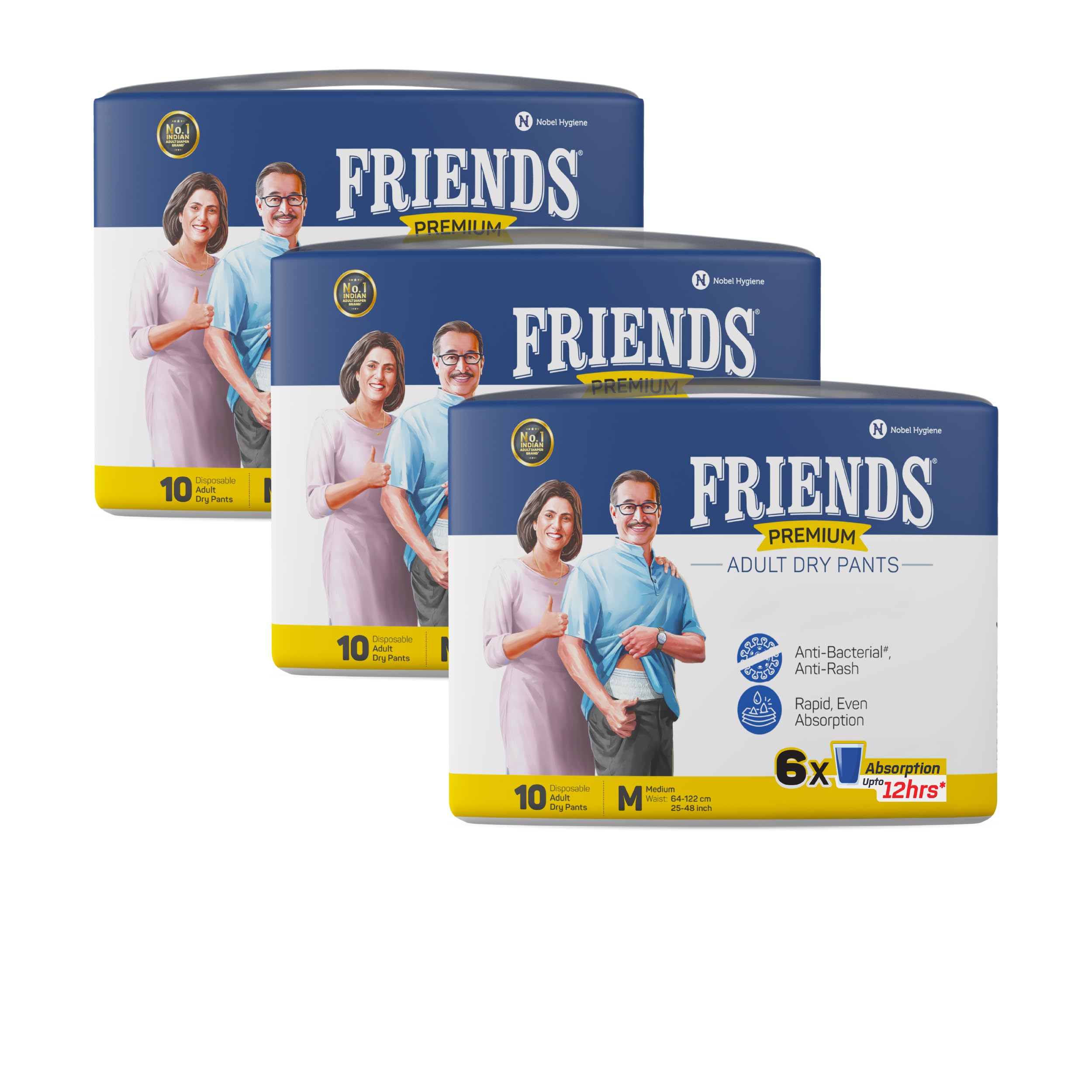 Friends Premium Adult Diapers Pants Style - 30 Count (Medium) with odour lock, Unisex, Leakproof, Elastic Waist and Anti-Bacterial Absorbent Core - Waist Size 25-48 inch; 63.5-122 cm