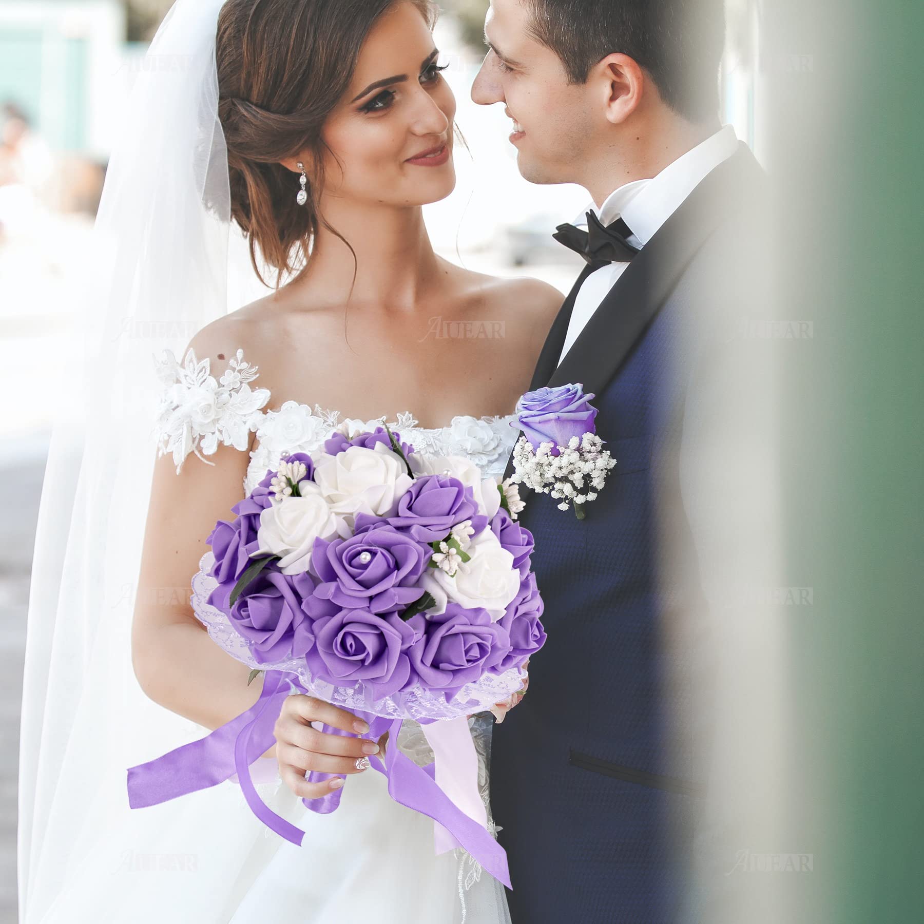 AUEAR, Ramos de boda púrpura ramo de flores nupciales de dama de honor ramo de mano de perlas de seda artificiales rosas para la iglesia de fiesta de boda