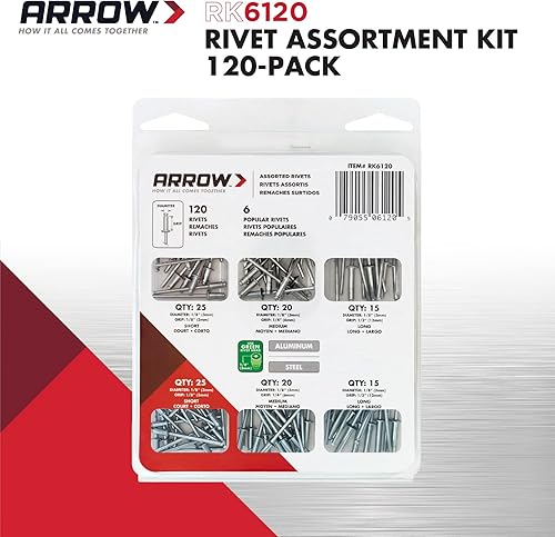 Miniatura 2 de Arrow RK6120 - Kit surtido de remaches para metal, tela, cuero y reparación de automóviles, aluminio y acero, 18 pulgadas, paquete de 120 unidades