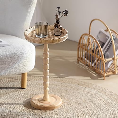 Miniatura 7 de Mesa auxiliar pequeña de ratán, mesa redonda para bebidas para espacios pequeños, mesa auxiliar bohemia con patas de madera maciza para sala de