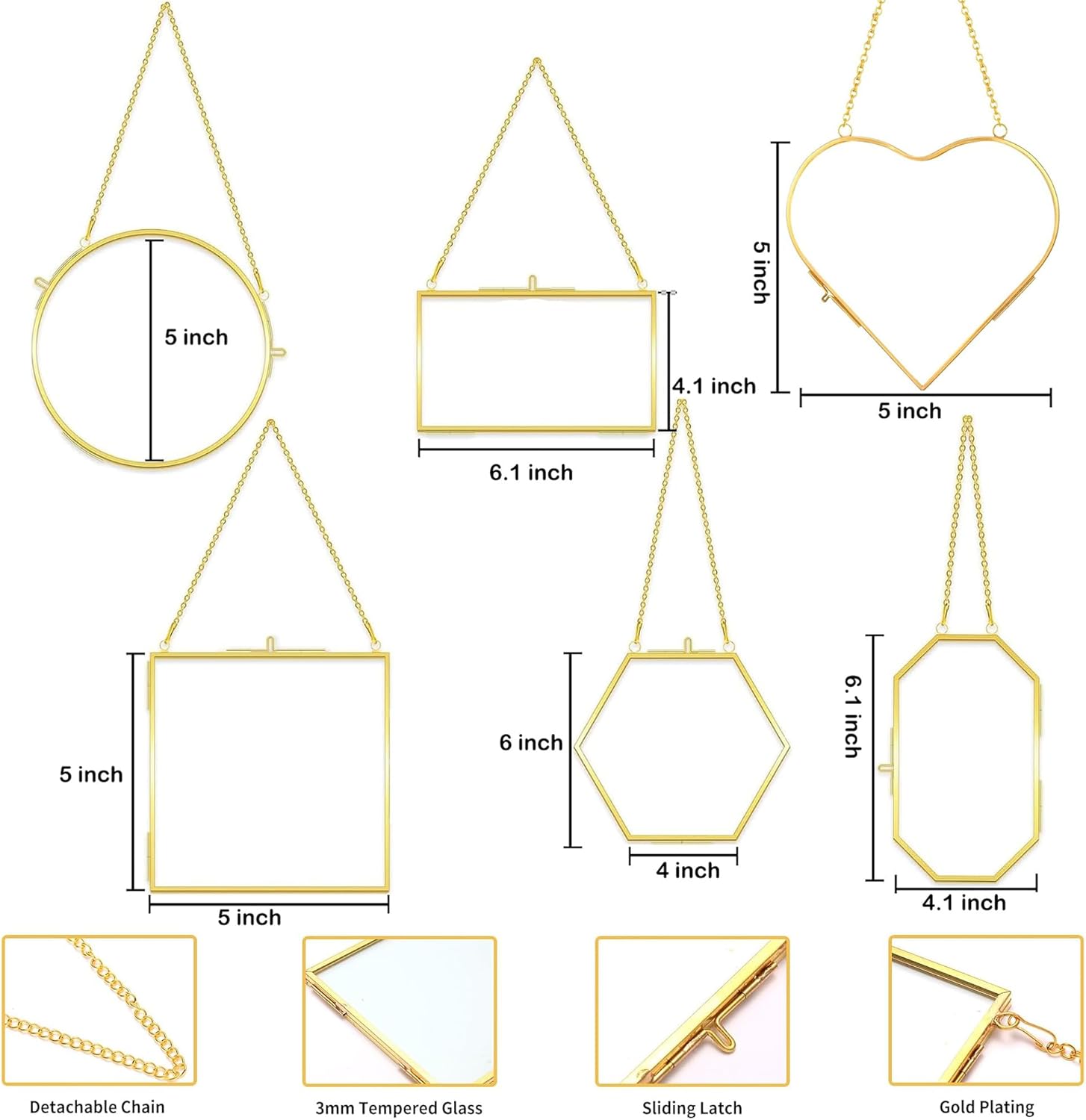 Pressed Flower Frames, Wall Hanging Double Glass Picture Frames with Chain for Dried Flowers Plants Wall Decor,Only Frame and tweezers (Gold-6PCS)